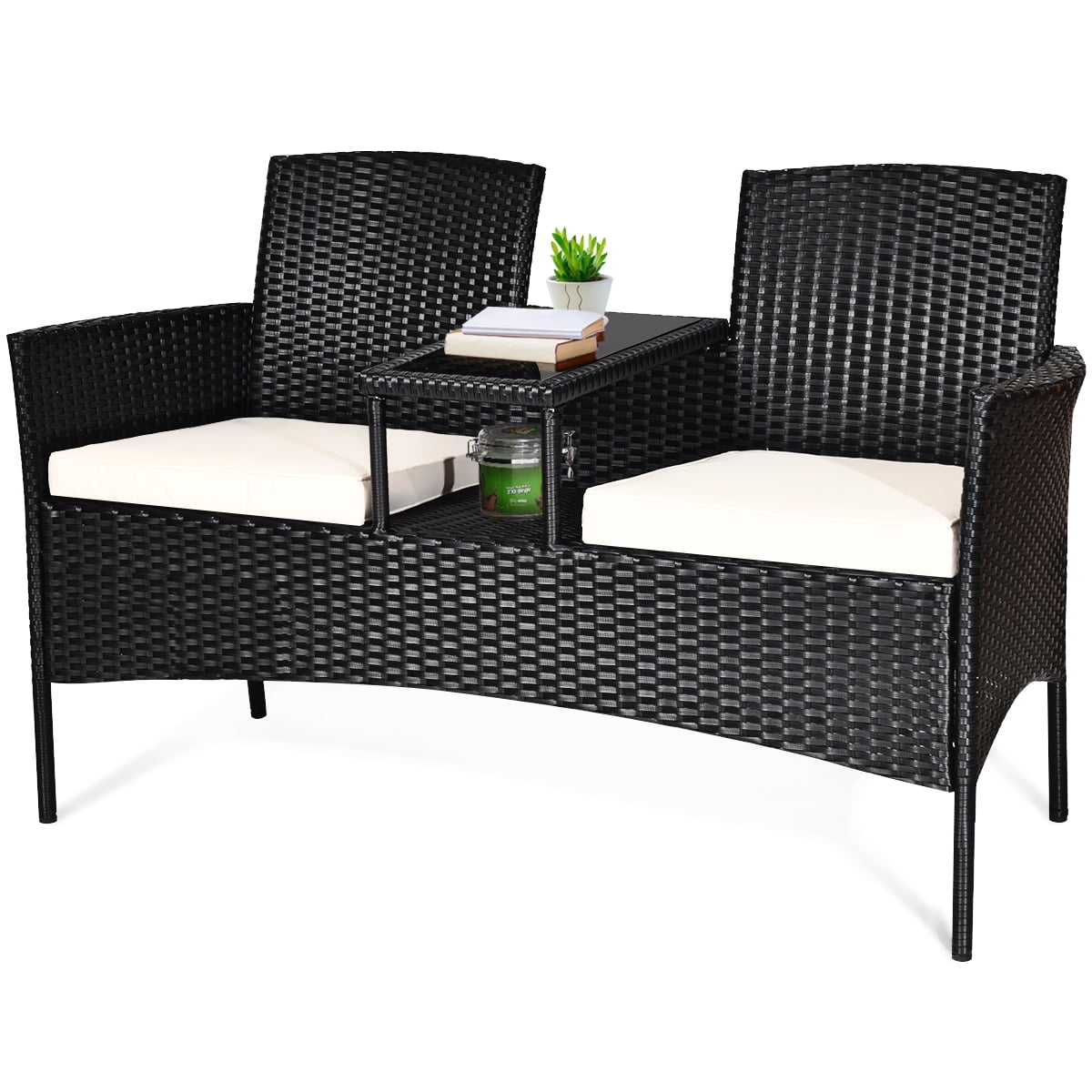 Costway Patio Rattan Conversation Set Seat Sofa Cushioned Loveseat Glass Table Chairs - Image 2