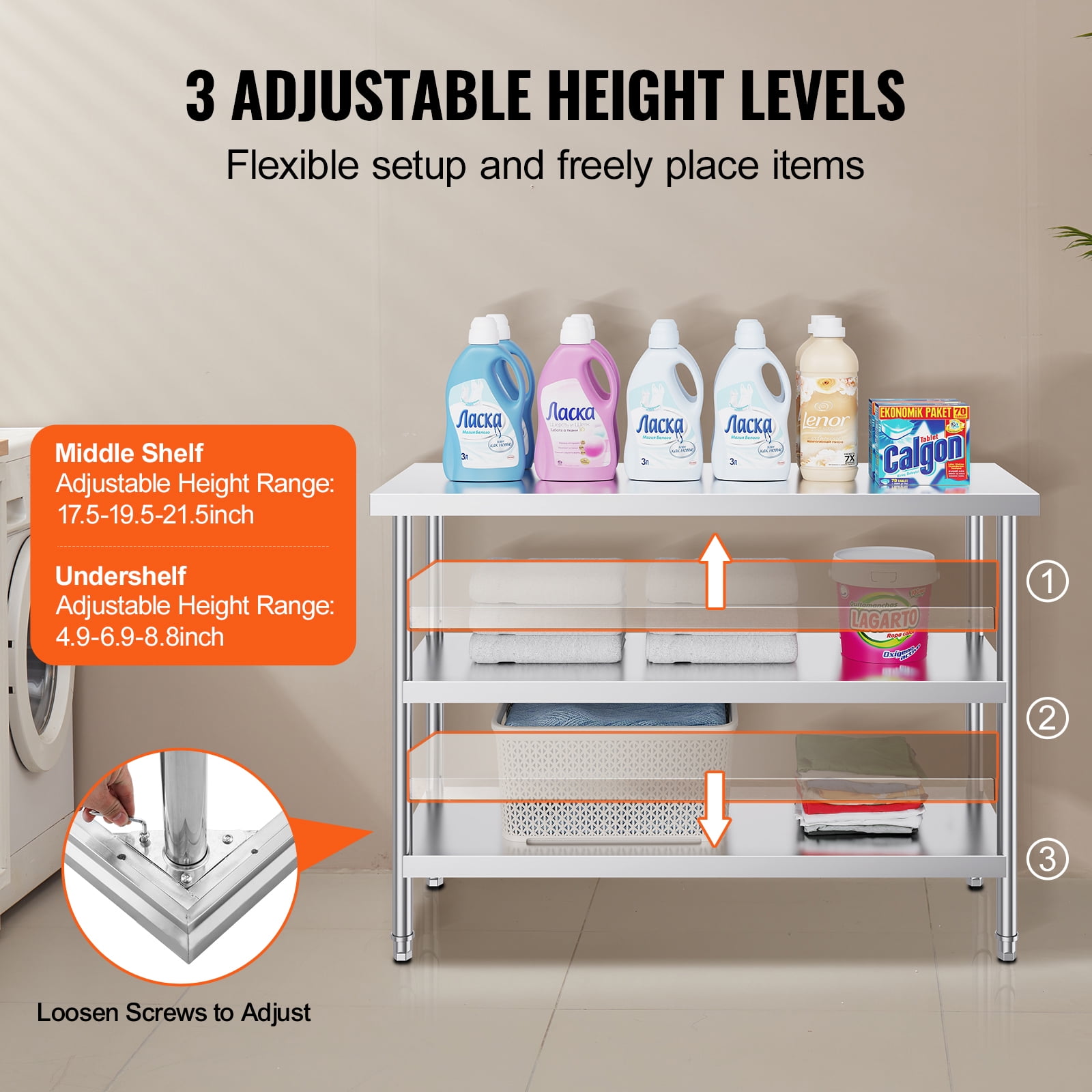 KFFKFF Metal Kitchen Workstation, 18 x 48 x 34 Inch, Stainless Steel, Includes 2 Adjustable Shelves, Durable Surface for Cooking, BBQ, Home, Garage Use - Image 8