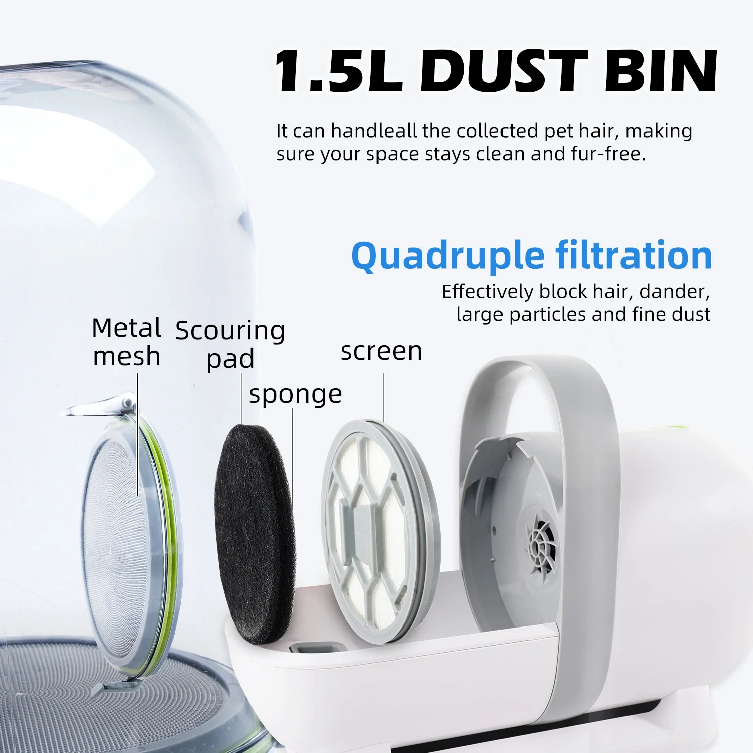 All For Paws Pet Grooming Kit for Shedding Dogs & Cats - 1.5L Low Noise Vacuum with Portable Clipper, Paw Trimmer, Nail Grinder, Grooming Brush, De-shedding Brush & Cleaning Brush - Image 3