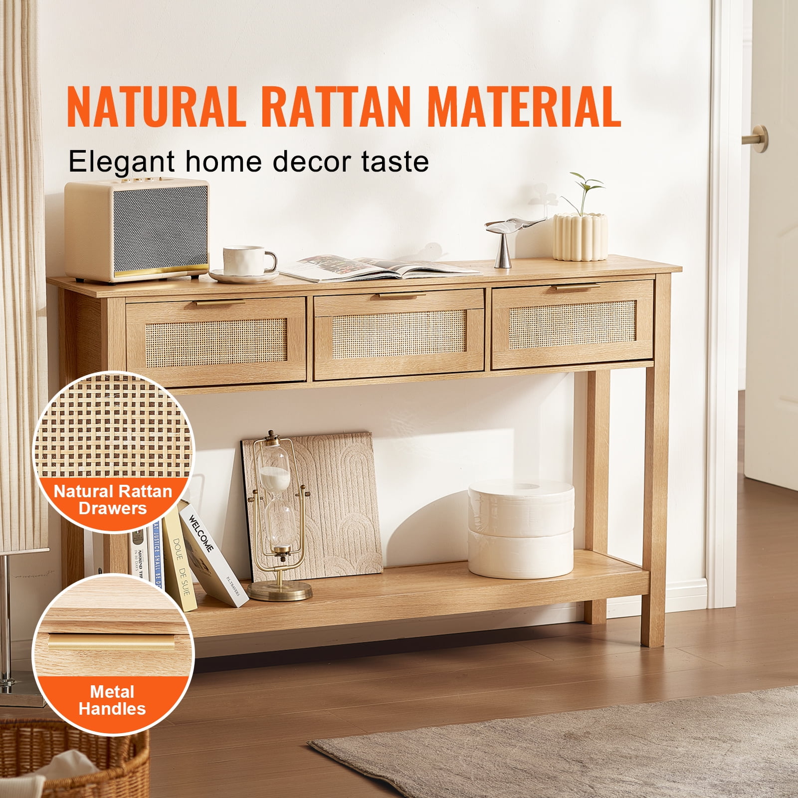 KFFKFF Rattan Accent Table, Includes 3 Drawers for Storage, Features a Rattan Sliding Door, Ideal for Living Spaces, Studies, Hallways, or as a TV Stand, Crafted with a Natural Finish - Image 9