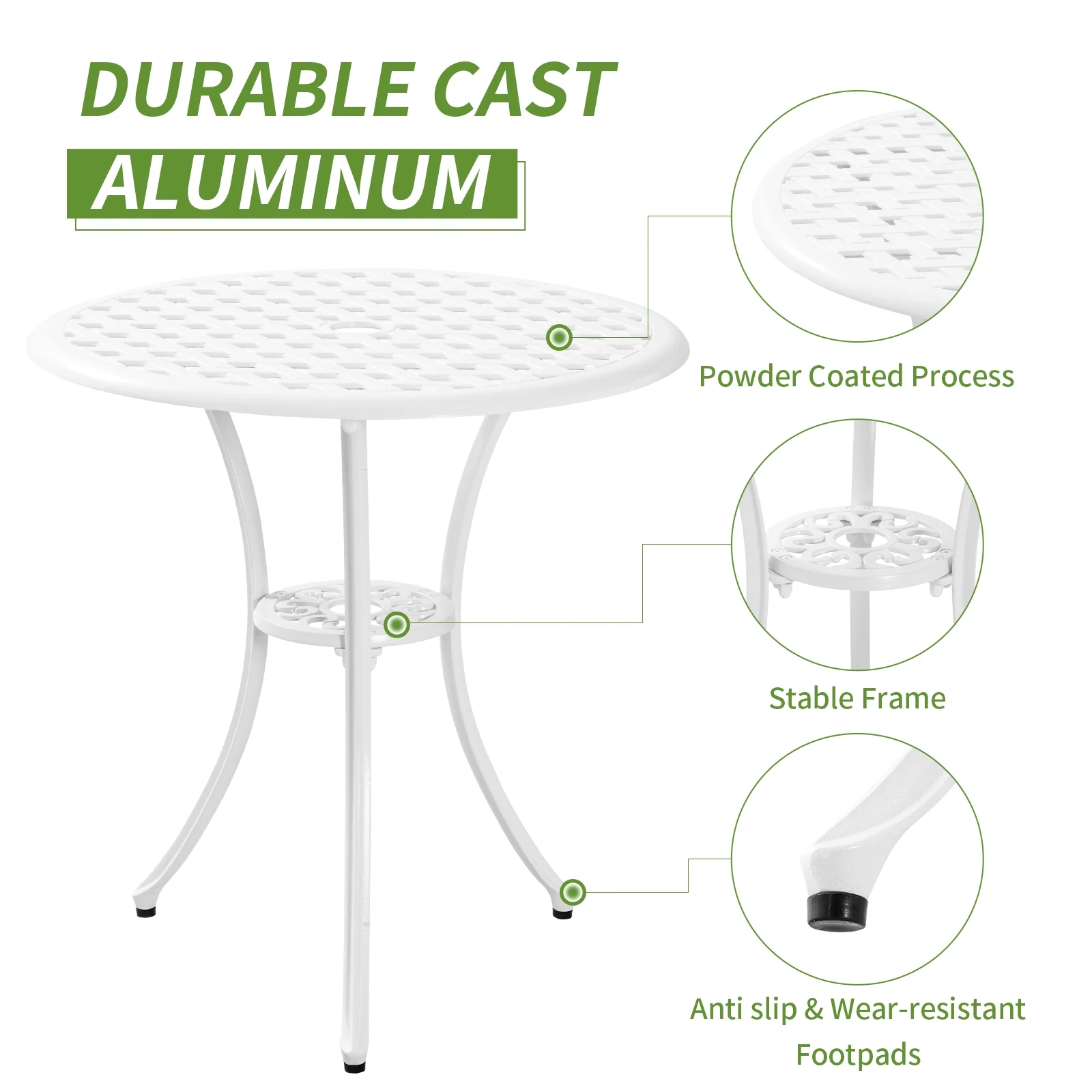PATIO-IN 3 Piece Patio Set Outdoor Cast Aluminum Bistro Table and Chairs Set of 2 with 1.97"Umbrella Hole for Garden,White - Image 2