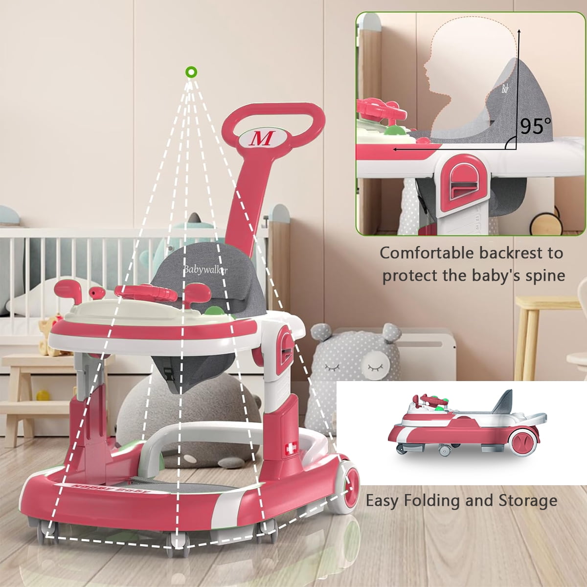 AJONALAA 4-in-1 Musical Infant Baby Walker with Wheels, Push Walker for Girls Boys, Red - Image 4