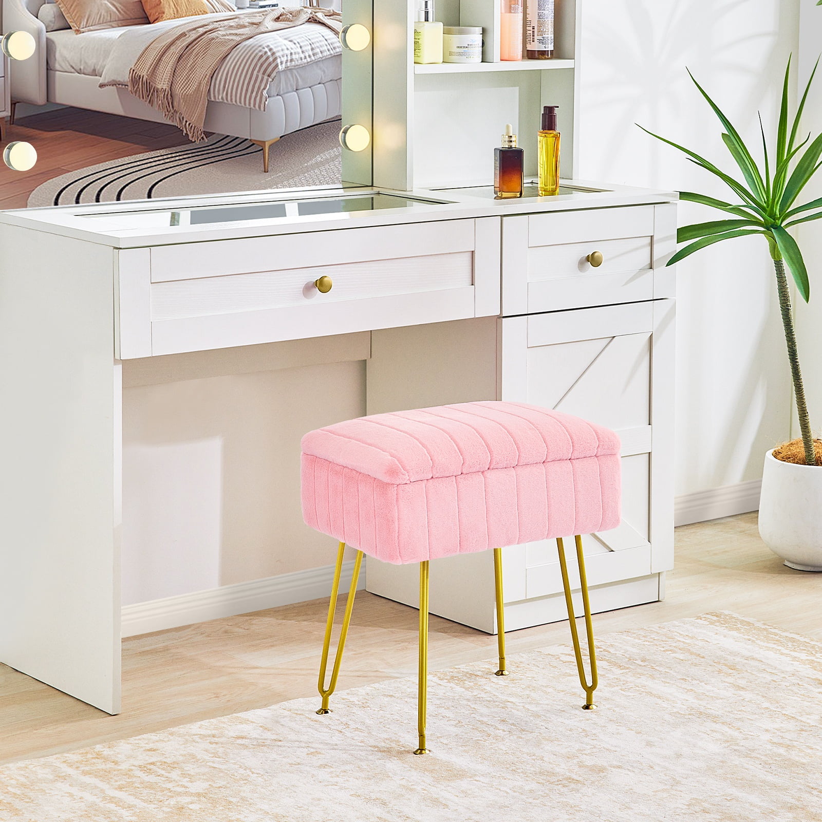 Redlife Vanity Stool Chair with Storage Faux Fur Makeup Ottoman Small Dresser Chair for Bedroom - Image 3