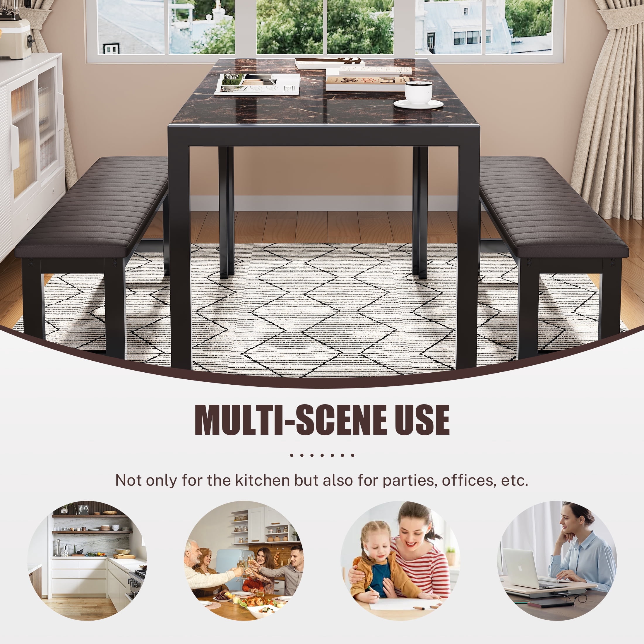 PORKISS Dining Table Set for 4, Faux Marble Kitchen Table Set with 2 PU Leather Benches, Breakfast Nook Set for Small Spaces, 3 Piece Dining Room Table Set, Brown+Black - Image 3