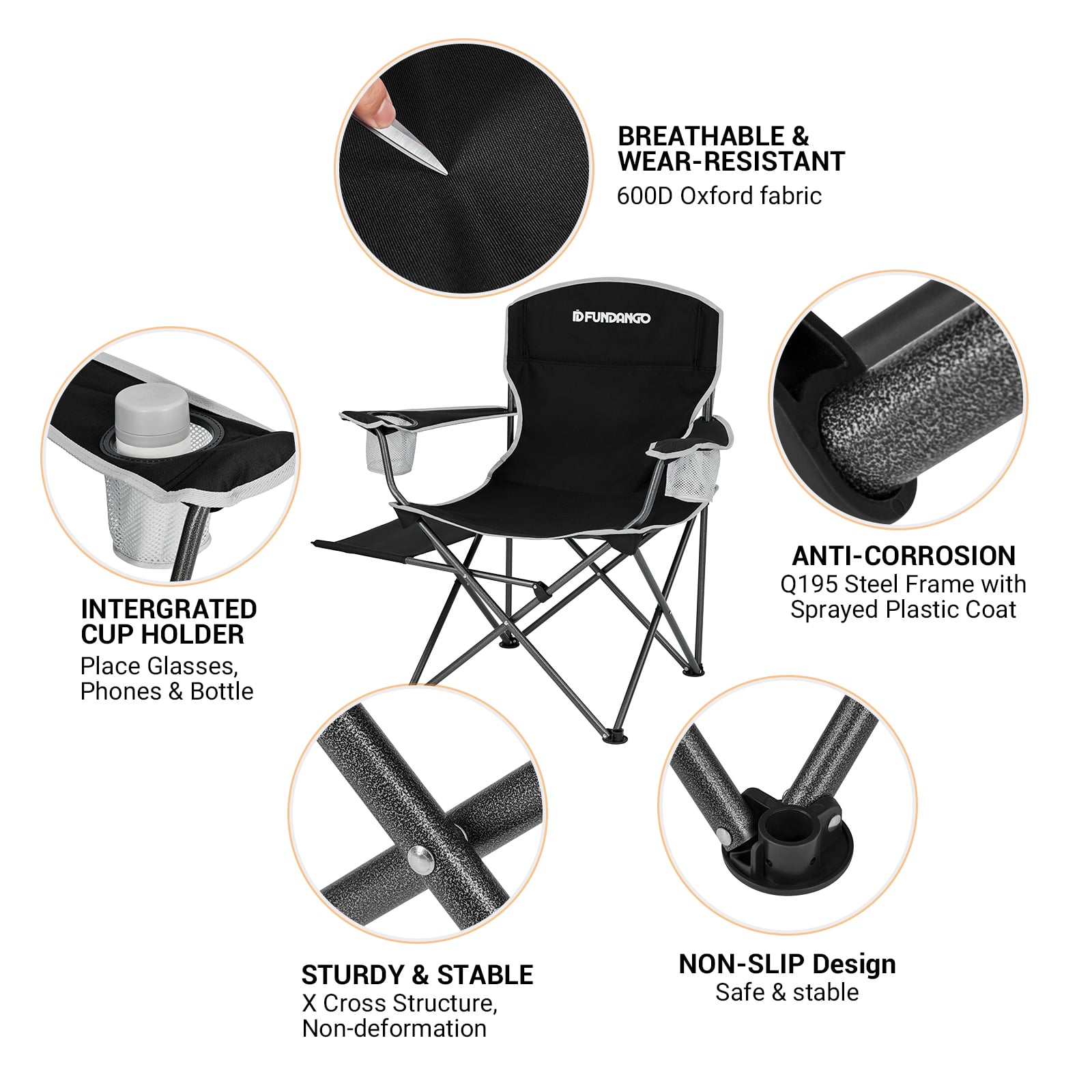FUNDANGO Black Foldable Camp Lawn Chairs for Outside, Portable Folding Padded Chair for Park, Camping, Includes Side Table & Cup Holder, Support 300 lbs Capacity, Black, 1Pack - Image 12