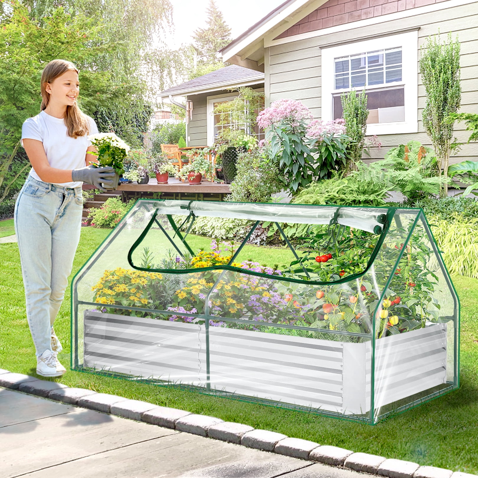 Funcid Galvanized Raised Garden Bed with Cover, Outdoor Metal Planter Box 2 Roll-Up Windows Mini Greenhouse for Growing Flowers Fruits Vegetables and Herbs, 6x3x3ft(Clear) - Image 5