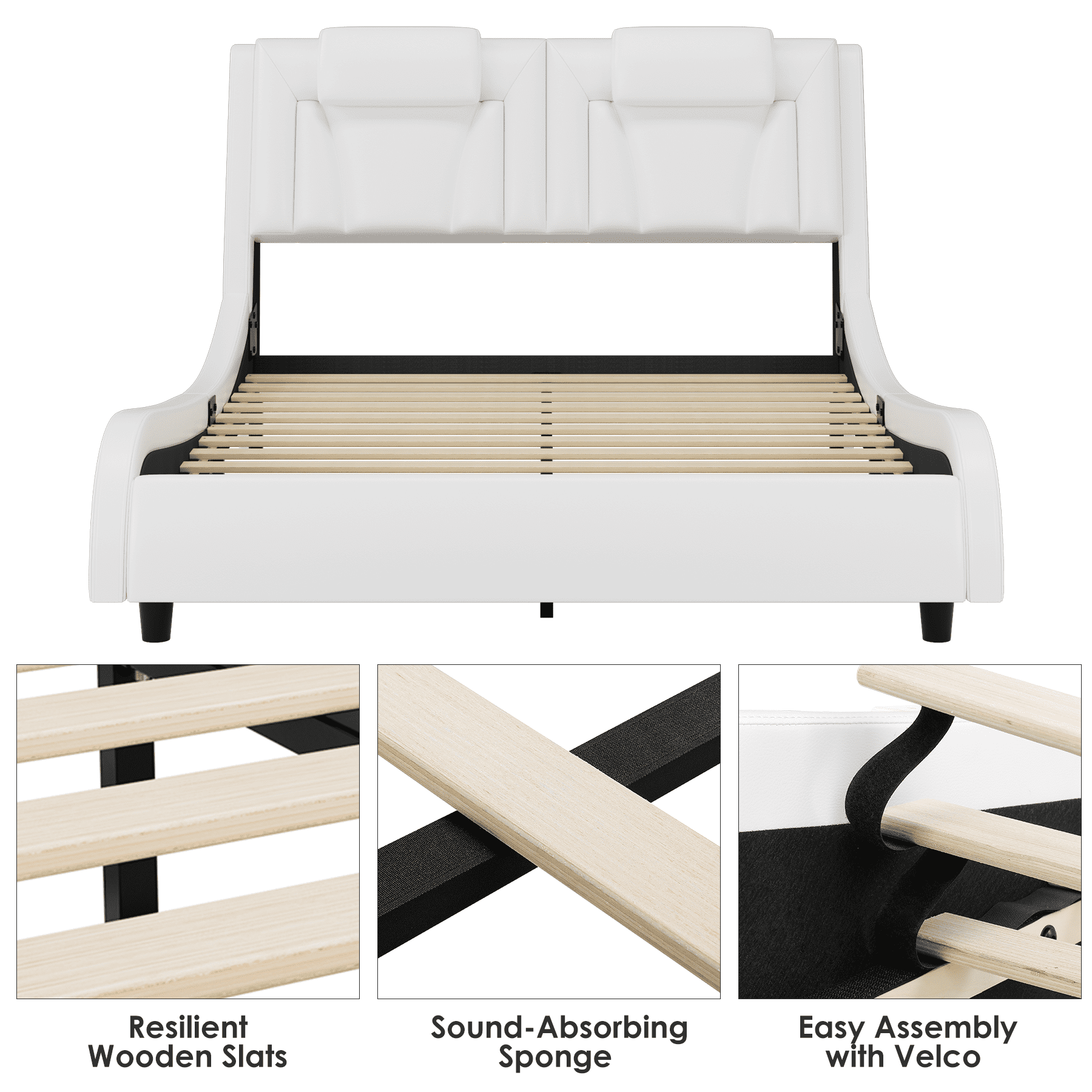 Homfa Queen Bed Frame with Adjustable LED Headboard, PU Leather Curved Upholstered Platform Bed Frame, White - Image 7