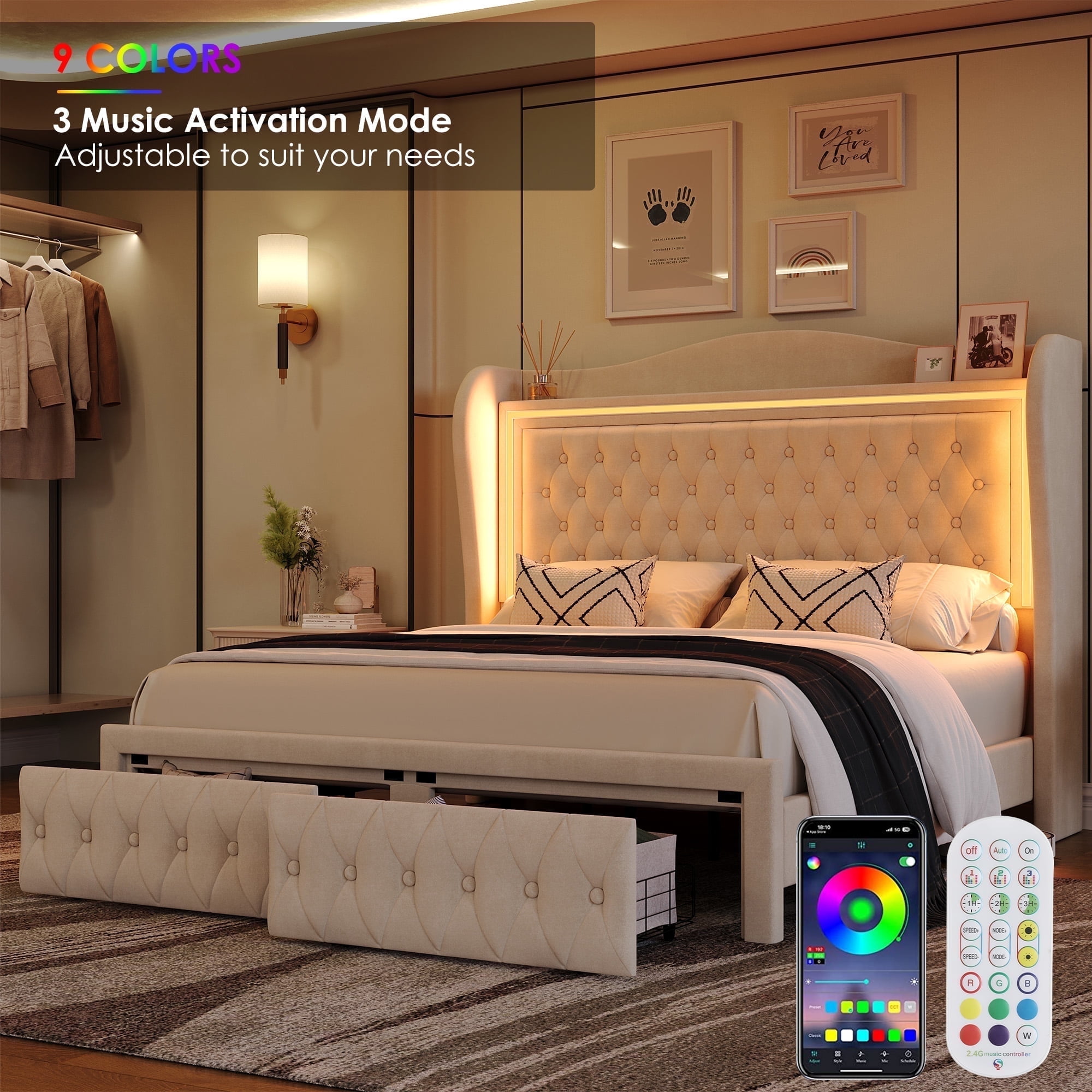 Homfa Queen Size LED Bed Frame with Storage Drawers, 54in Tall Velvet Upholstered Headboard Platform Bed with Wingback Buttons Headboard, Beige - Image 4