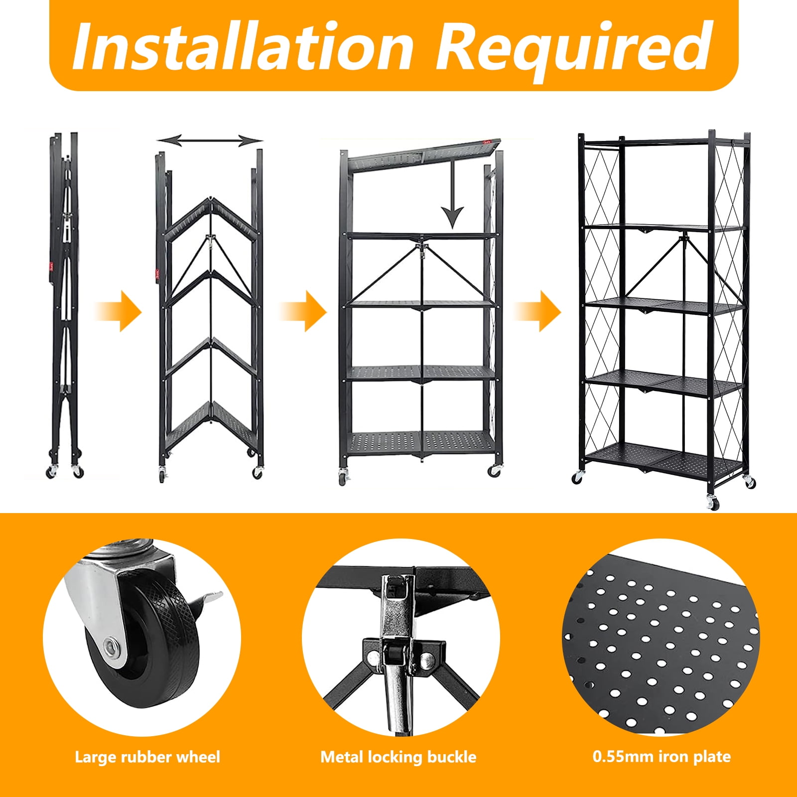 SUGIFT Storage Shelves, 5-Tier Foldable Metal Garage Shelf with Wheels, Kitchen Shelf with 3 Hooks, Black - Image 2