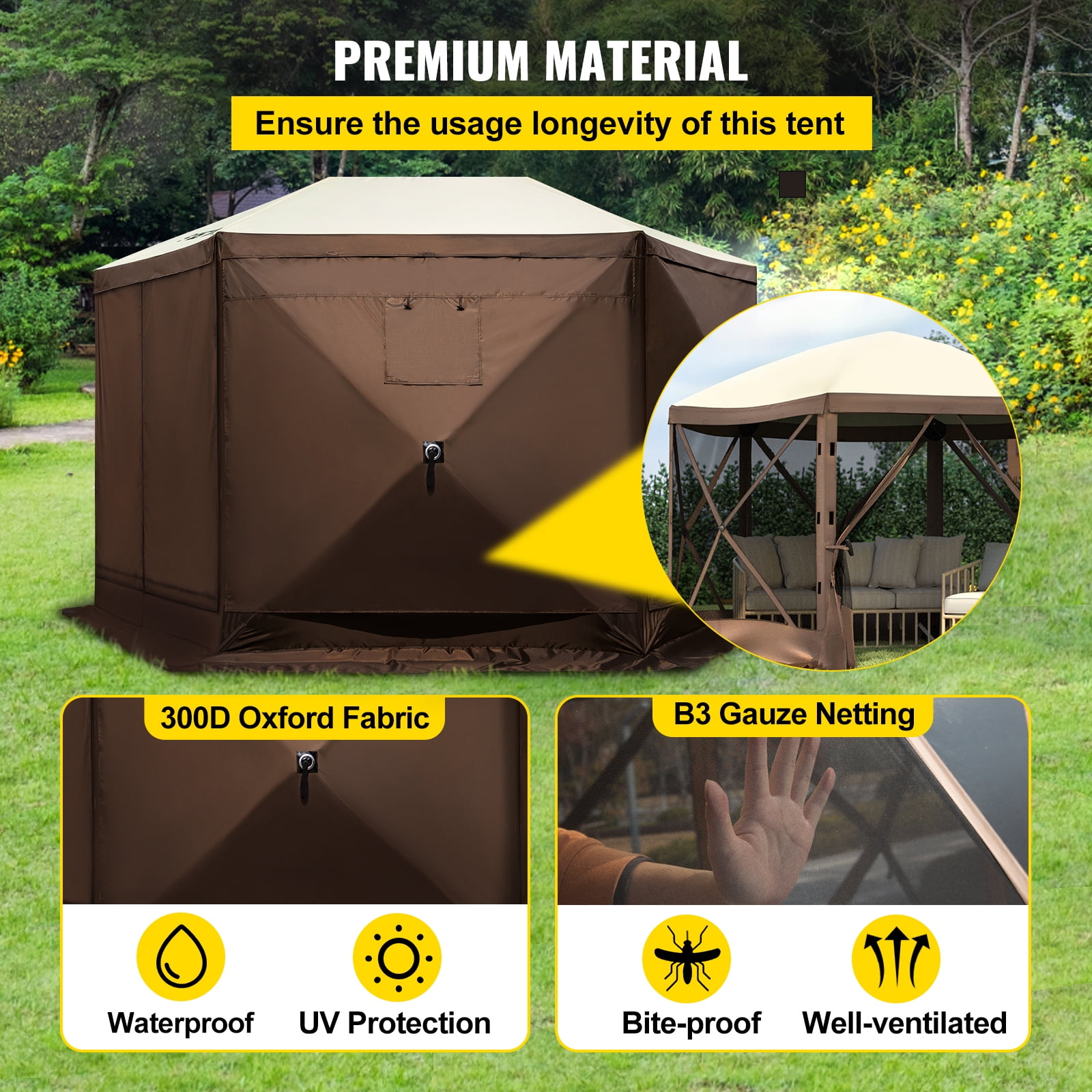 BENTISM 10'x10' Camping Gazebo Tent, 6 Sided Pop-up Canopy Screen Tent for 8 Person Camping, Waterproof Screen Shelter with Portable Storage Bag, Ground Stakes, Mesh Windows - Image 5