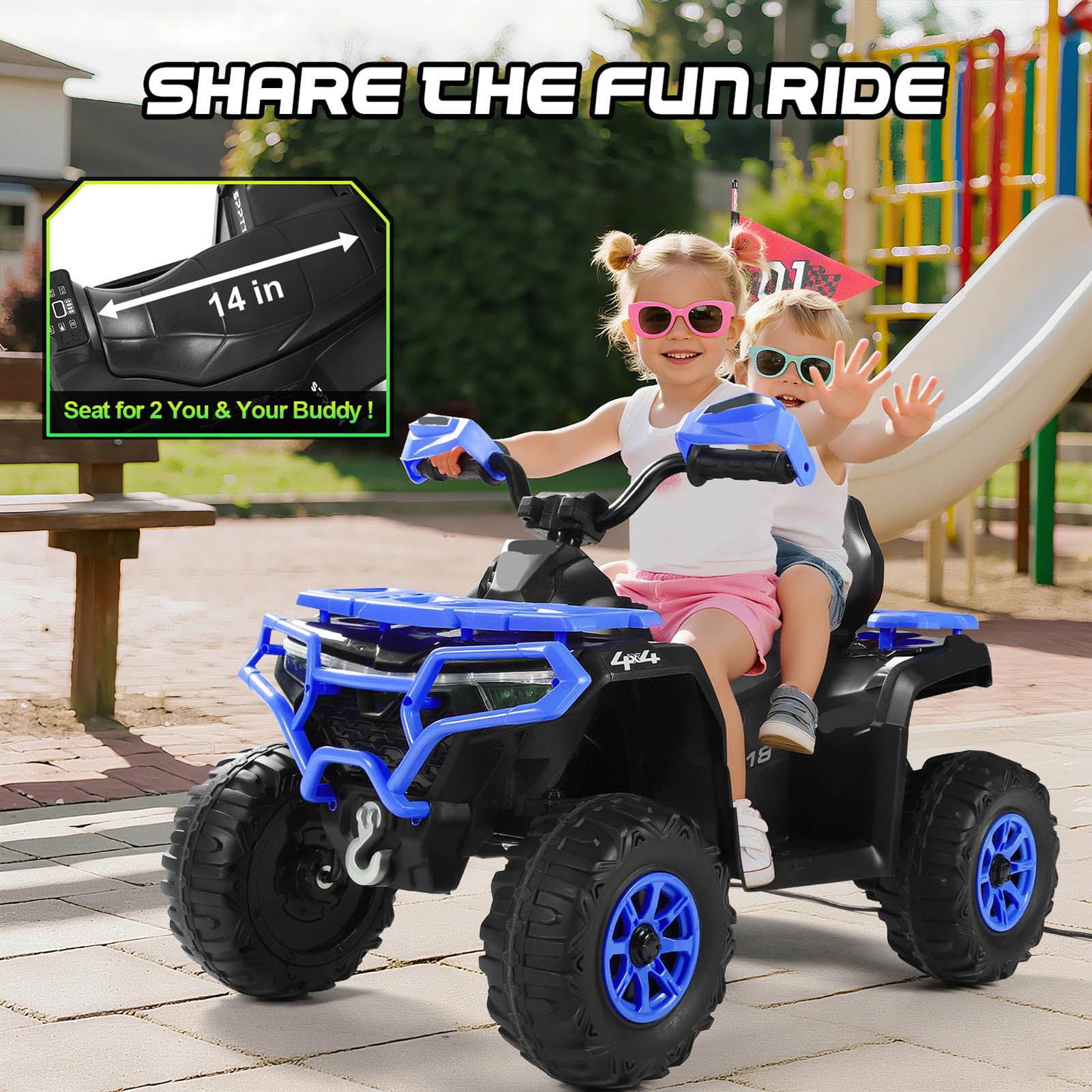 Kids ATV 4 Wheeler, 24V Ride on Toys with 2 Seater, Electric Car w/ Bluetooth/MP3 ,and Flag,Blue - Image 2