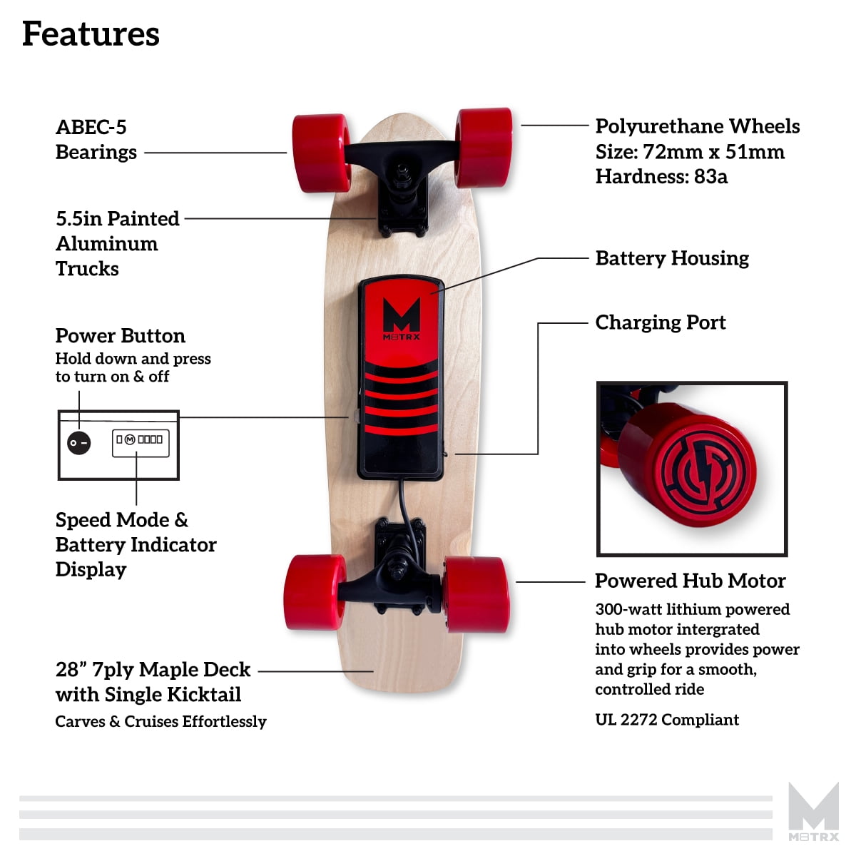 M8TRX EB100 Electric Skateboard, Gravity Sensor Riding, 300 Watt, 28" Deck, 10 MPH, Red - Image 3