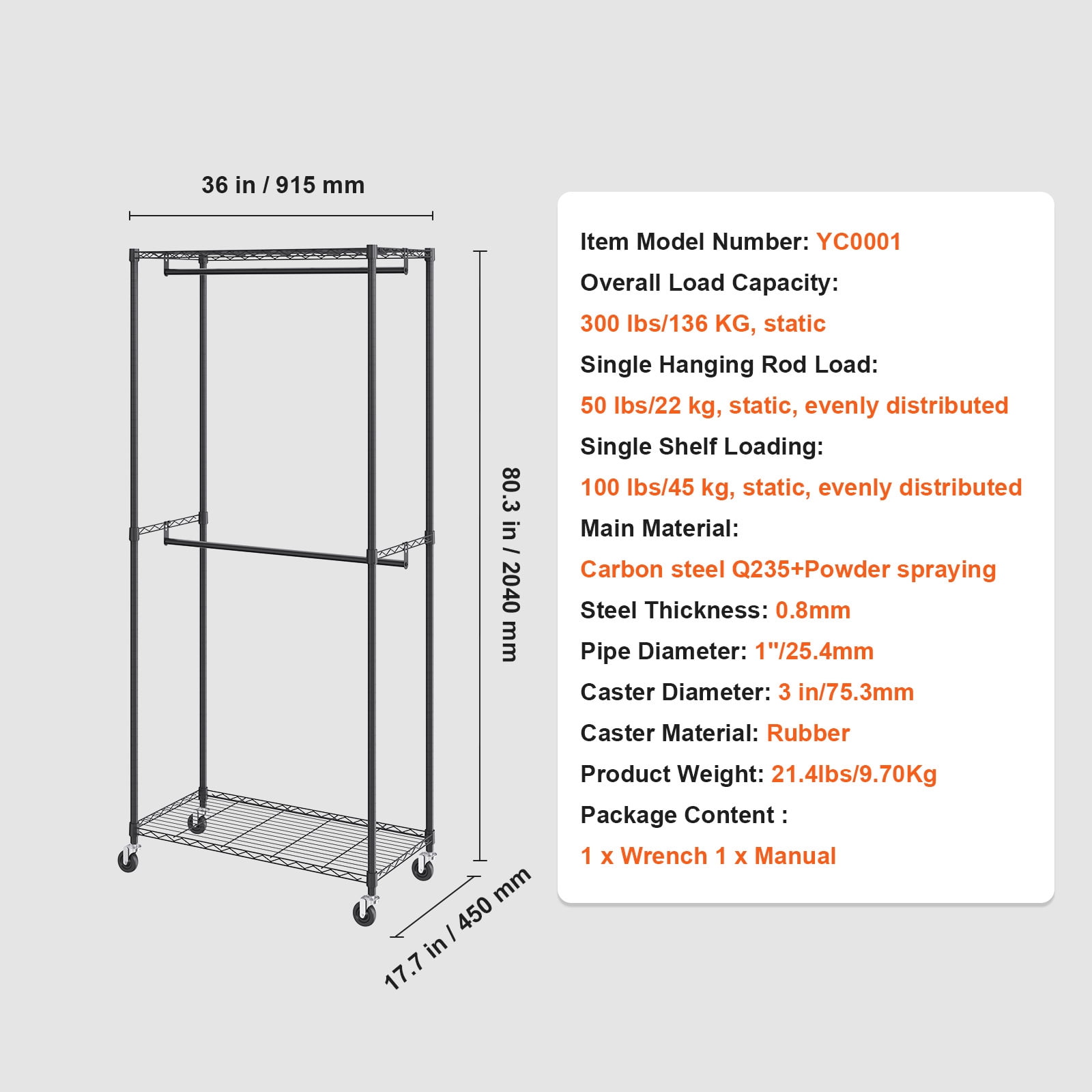 KFFKFF Sturdy Apparel Rack, Dual Rods for Garments with Upper and Lower Shelving, Mobile Wardrobe on Wheels, 1'' Thick Steel Construction Supports Up to 300Lbs - Image 7