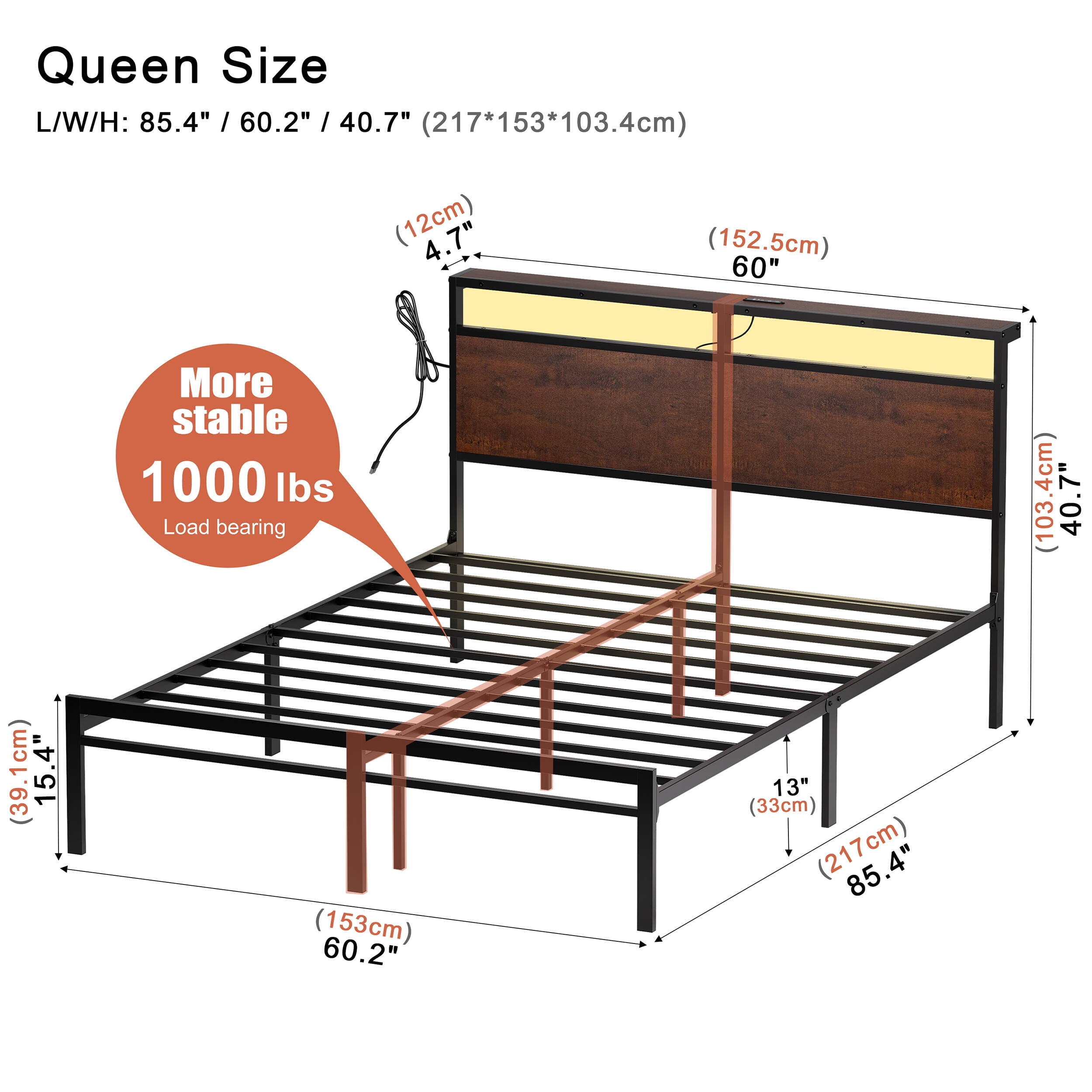 GUNAITO Queen Bed Frame with Headboard Metal Platform Bed with LED Lights and Charging Station, Rustic Brown - Image 7