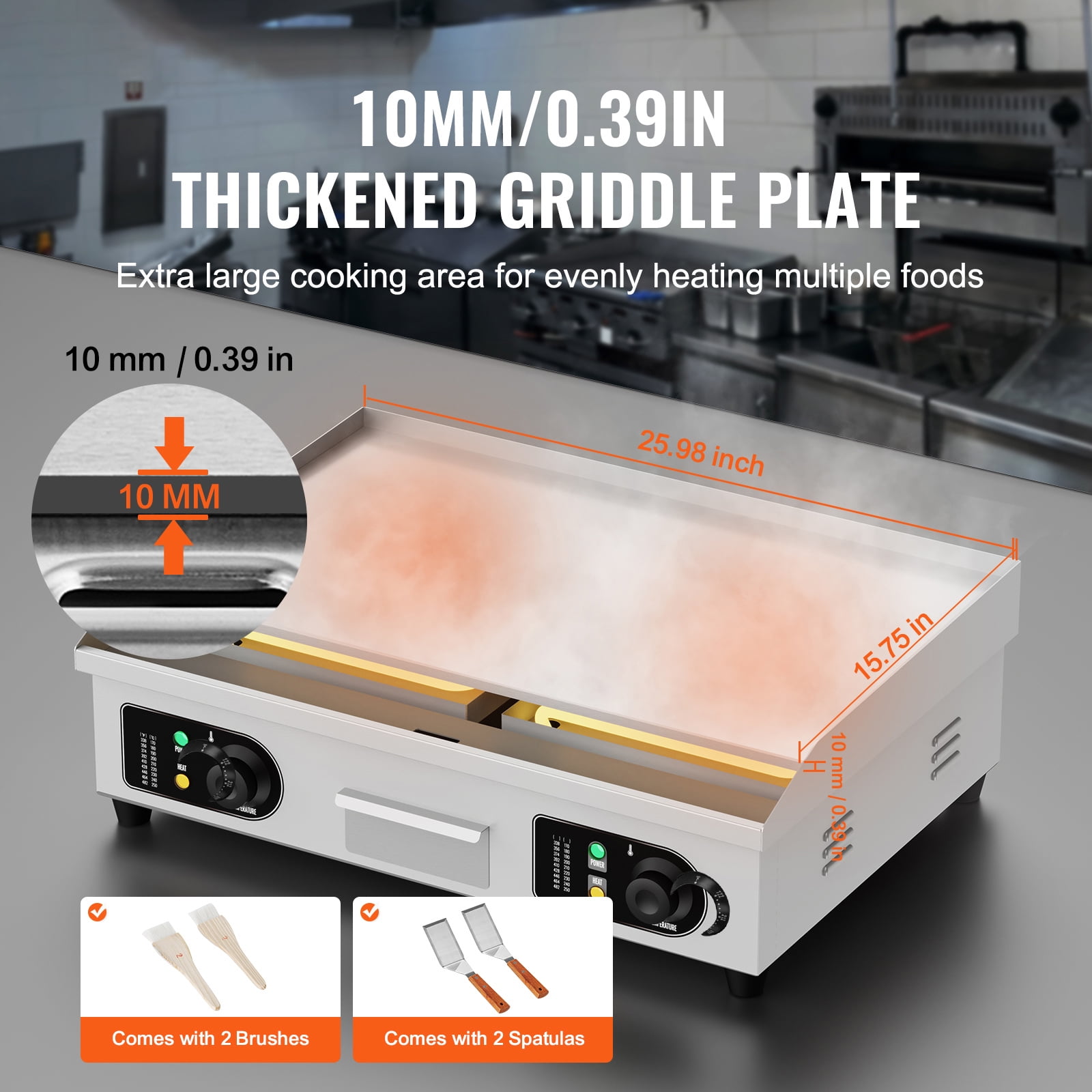 KFFKFF 26" Commercial Electric Griddle 2800W, Adjustable Temperature from 122℉ to 572℉, Stainless Steel Flat Top Grill, 25.98" x 15.75" x 0.39", Includes 2 Shovels and 2 Brushes - Image 4