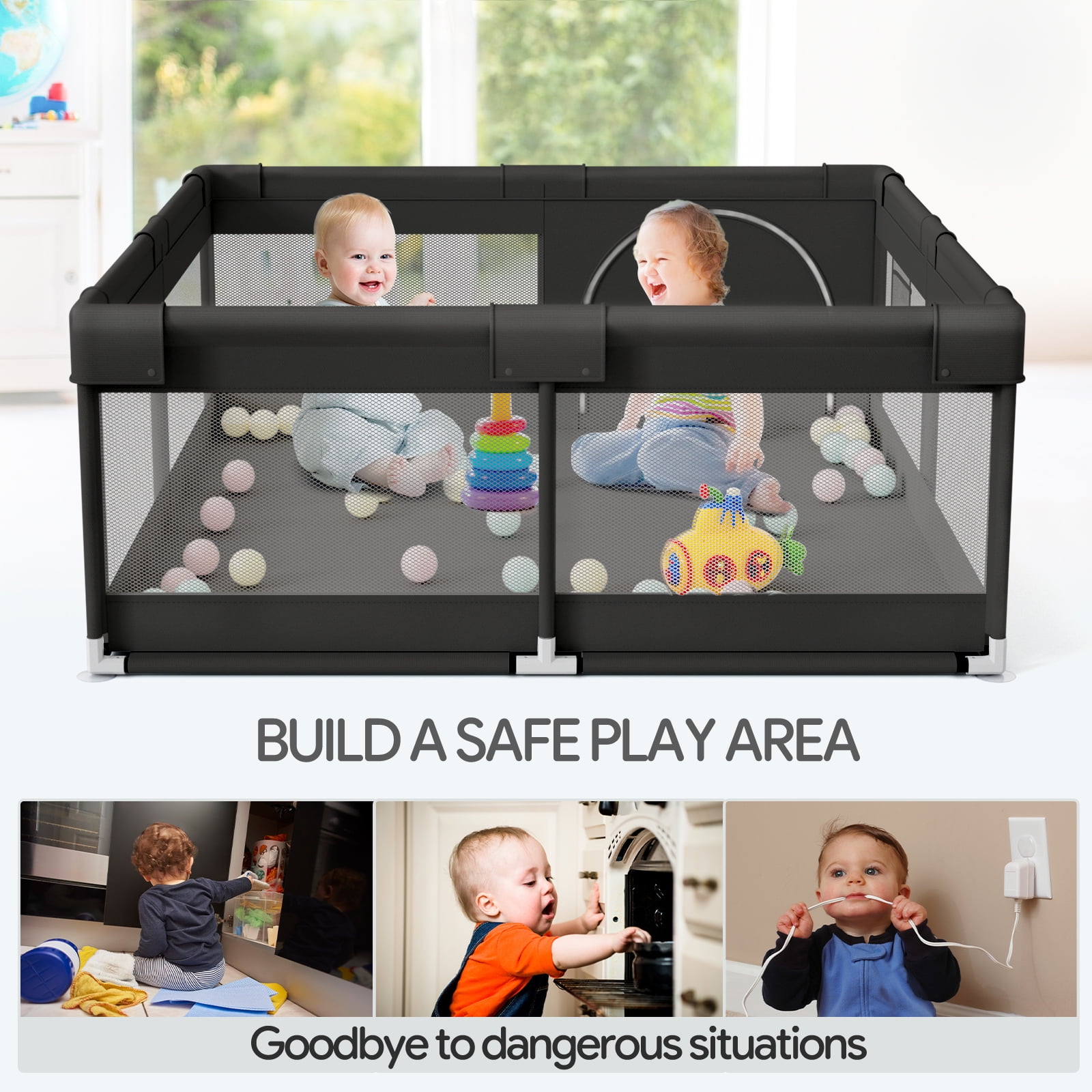 Pkinoicy Black Baby Playpen, 47"x47", Compact Play Area for Infants and Toddlers - Ideal for Apartments - Image 4