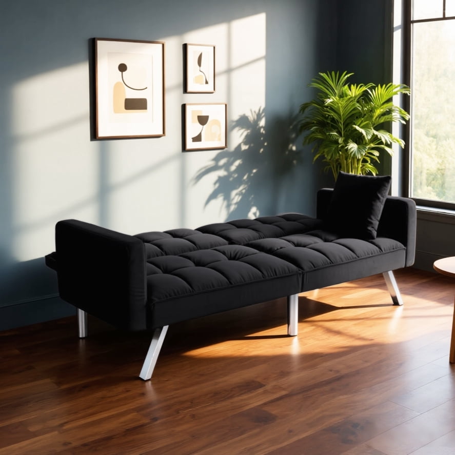 BSHTI Velvet Convertible Futon Sofa Bed with 3-Position Split Back, Solid Wood Frame, Metal Legs, 2 Toss Pillows for Living Room & Guest Room(Black) - Image 12