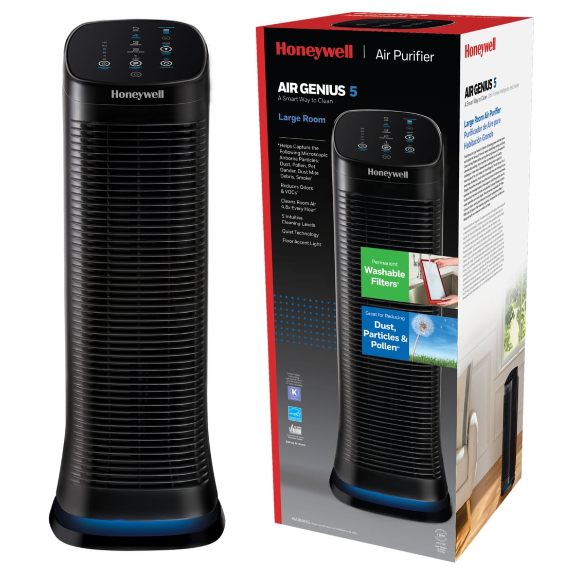 Honeywell Air Purifier with Permanent Filter for Home, 1208 sqft Rooms in 1 hour, Reduces Dust, Pollen, Pet Dander, Odors, Smoke, Washable Filters, Black, HFD320 - Image 4