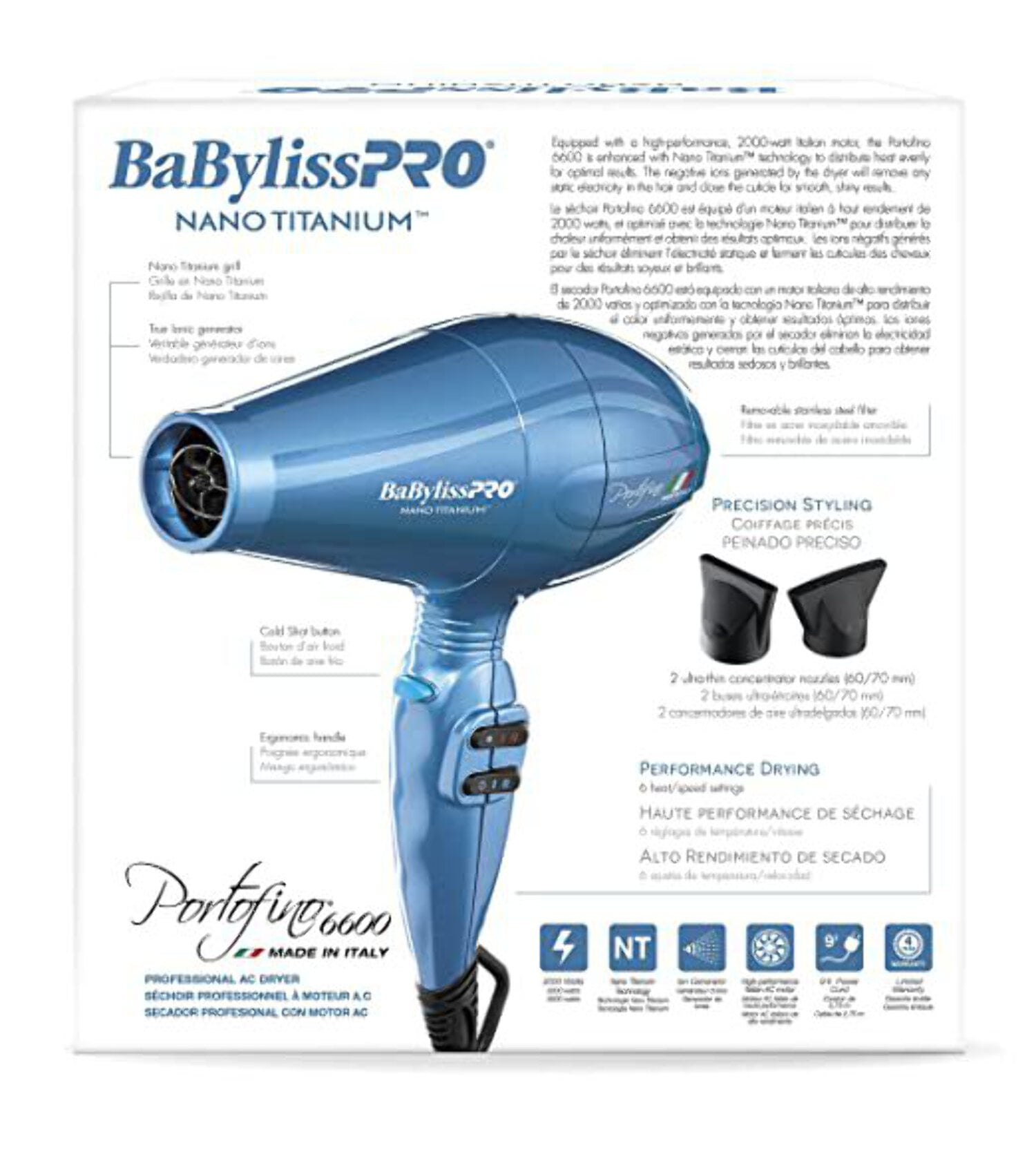 BaBylissPRO Nano Titanium Portofino Full-Size Professional Hair Dryer, Blue - Image 2