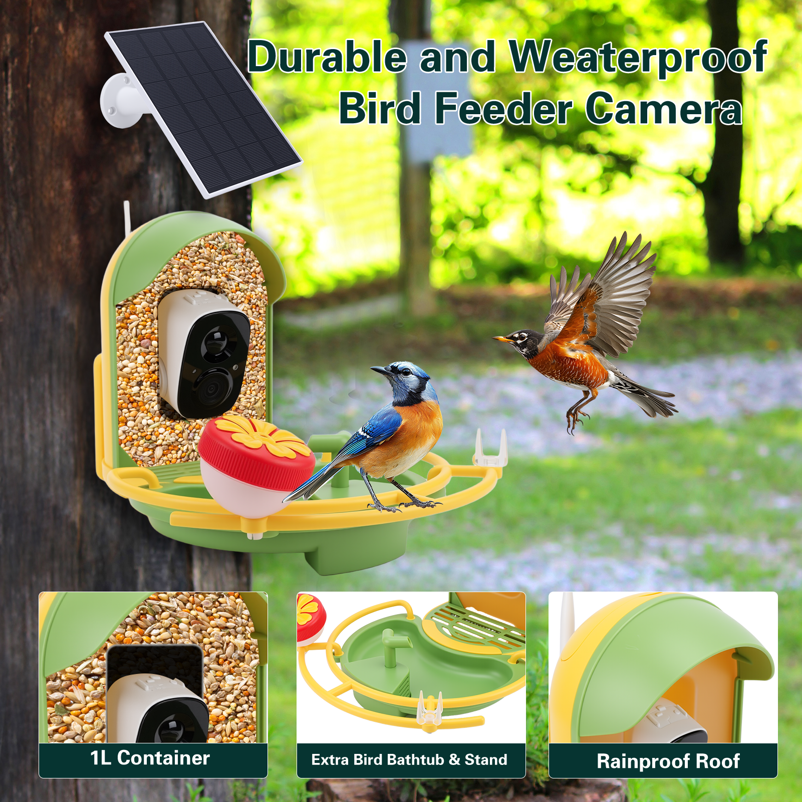 Smart Bird Feeder with Camera & Bird Bath,Bird Watching Camera with Motion Detection & Solar Panel,Waterproof, 2K Live View,Ideal Present for Bird Lover,Yellow - Image 7