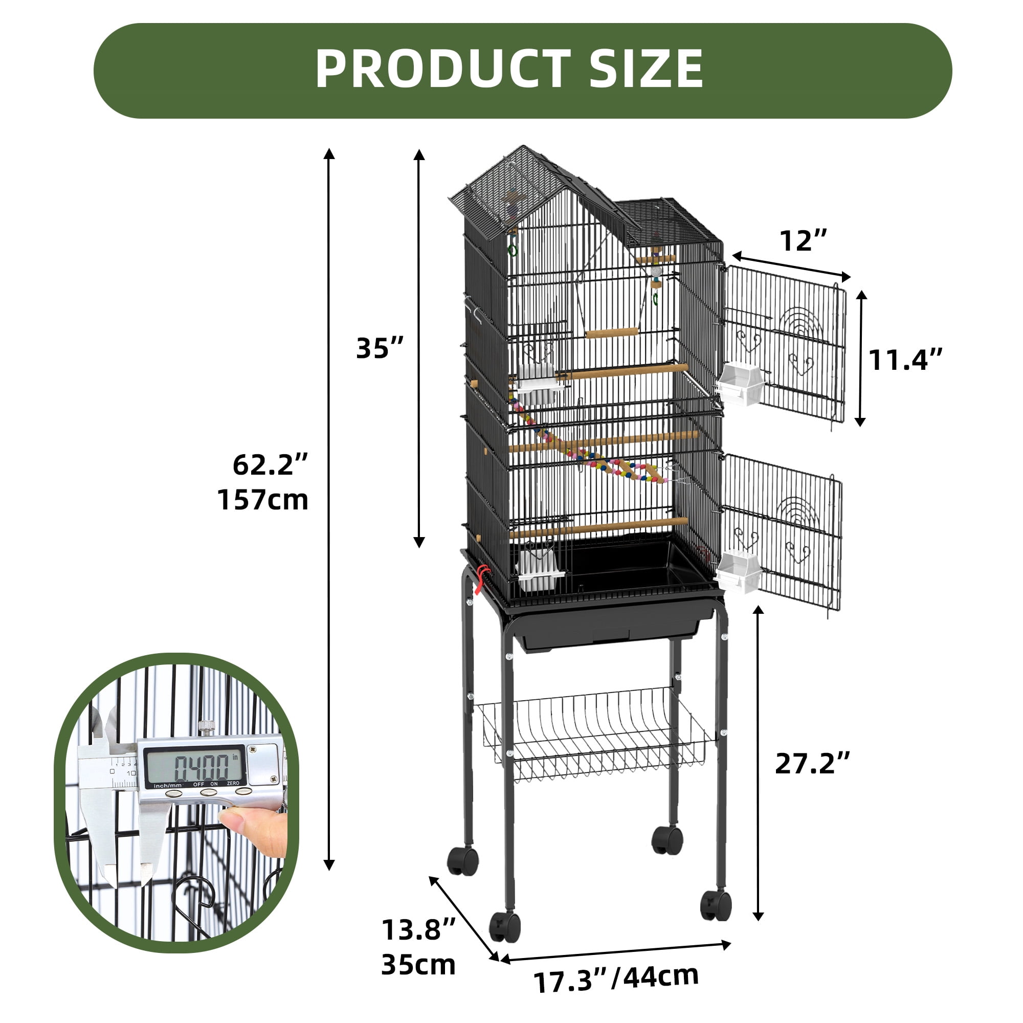 Uforic 62" Metal Birdcage with Rolling Stand and Castor Wheels, Large Parrot Cage with 3 Perches and 4 Feeders, Slide-Out Tray, Black - Image 8