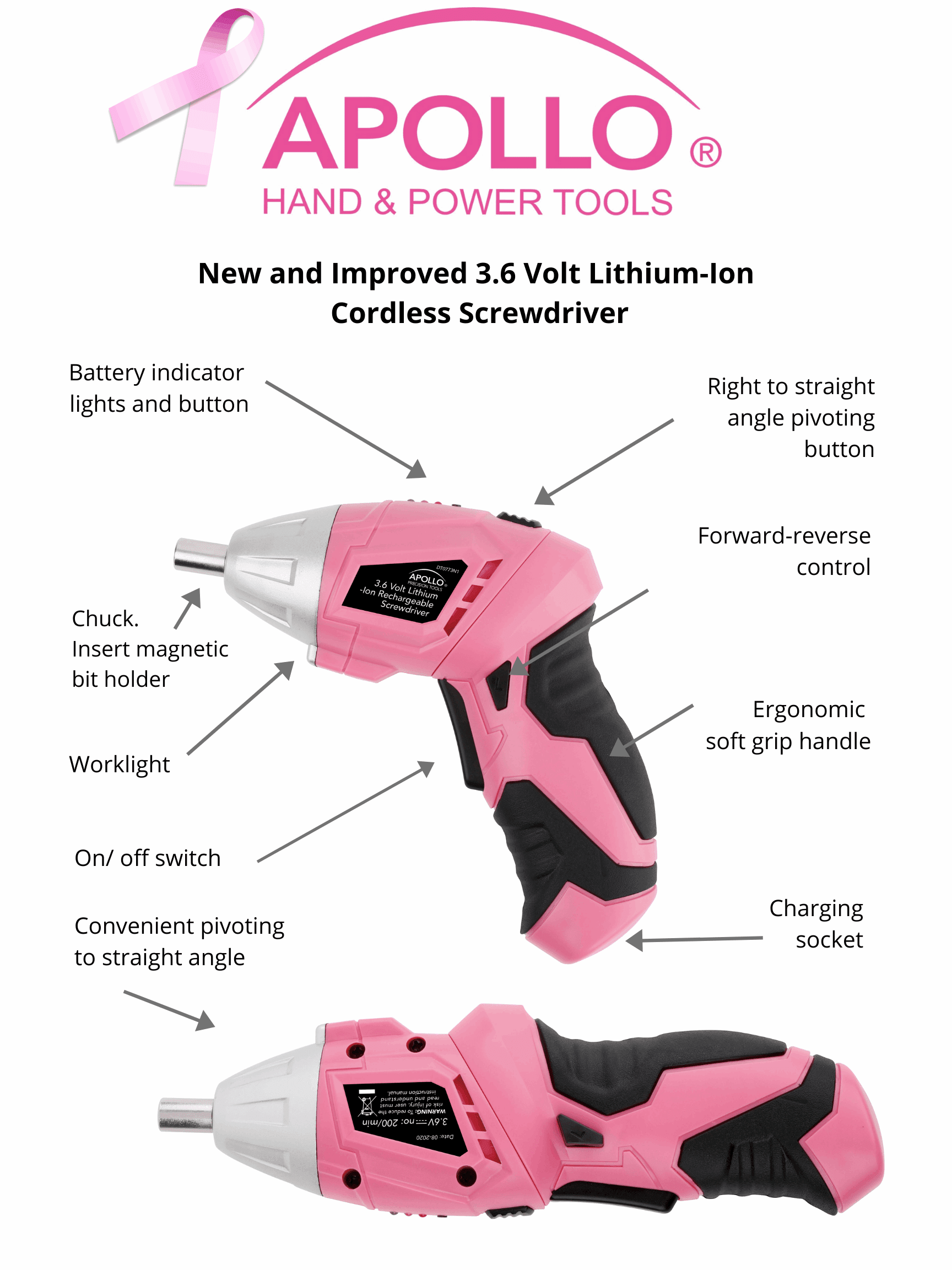 Apollo Tools 135 Piece Household Tool Kit Pink with Pivoting Dual-Angle 3.6 Volt Lithium-Ion Cordless Screwdriver - DT0773N1 - Image 6