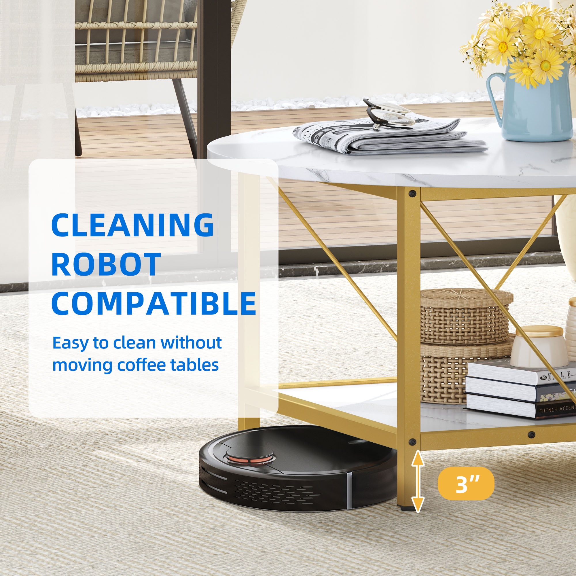 Dextrus Round Coffee Table with Storage, Rustic Living Room Tables with Sturdy Metal Legs, Marble White and Gold - Image 2