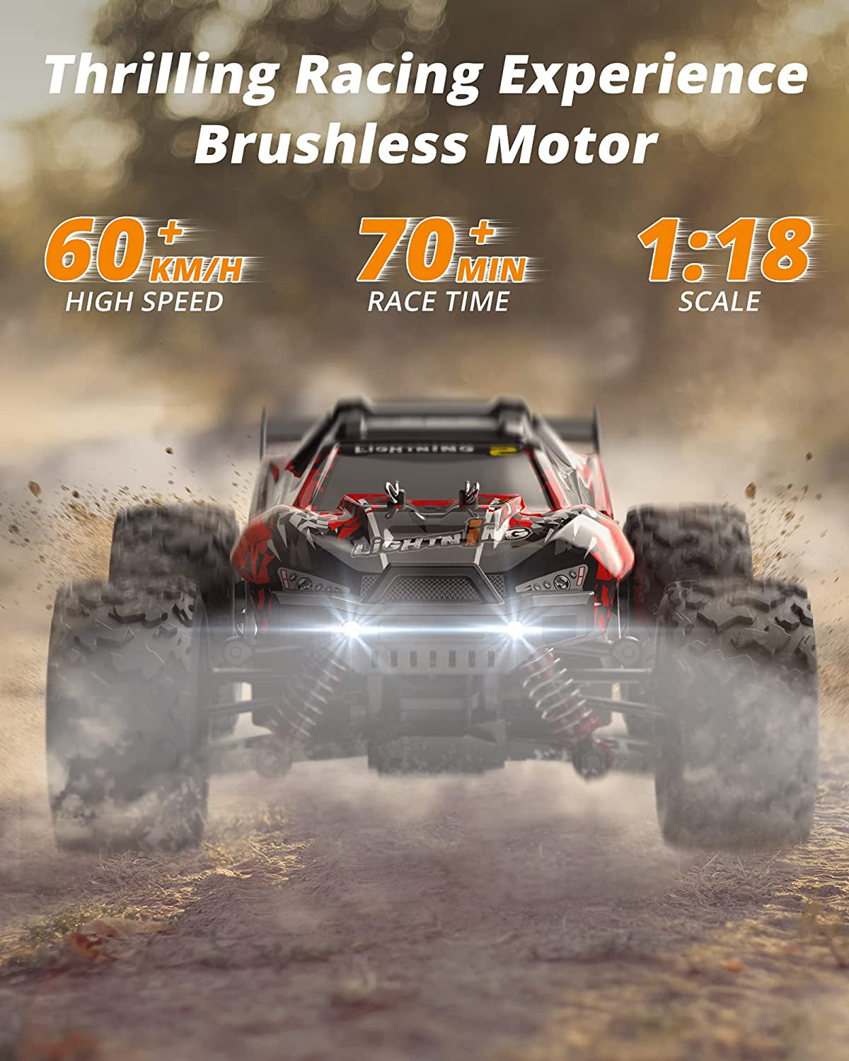 KIDOMO 1:18 Scale Brushless RC Car - 60KM/H All Terrain High-Speed & Off-Road Remote Control Car with 2 Rechargeable Batteries Hobby Monster Car 4WD RC Truck Gifts for Kids and Adults - Image 4