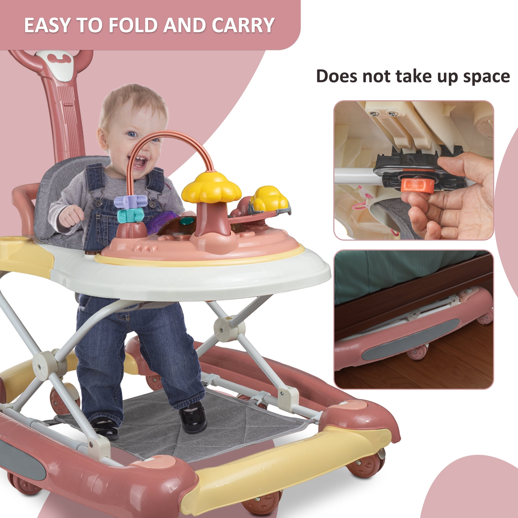 Jonster Baby Walker, 4 in 1 Foldable Walkers with Wheels & Removable Feeding & Music Tray, Activity Center for Baby Boys / Girls, Pink - Image 9