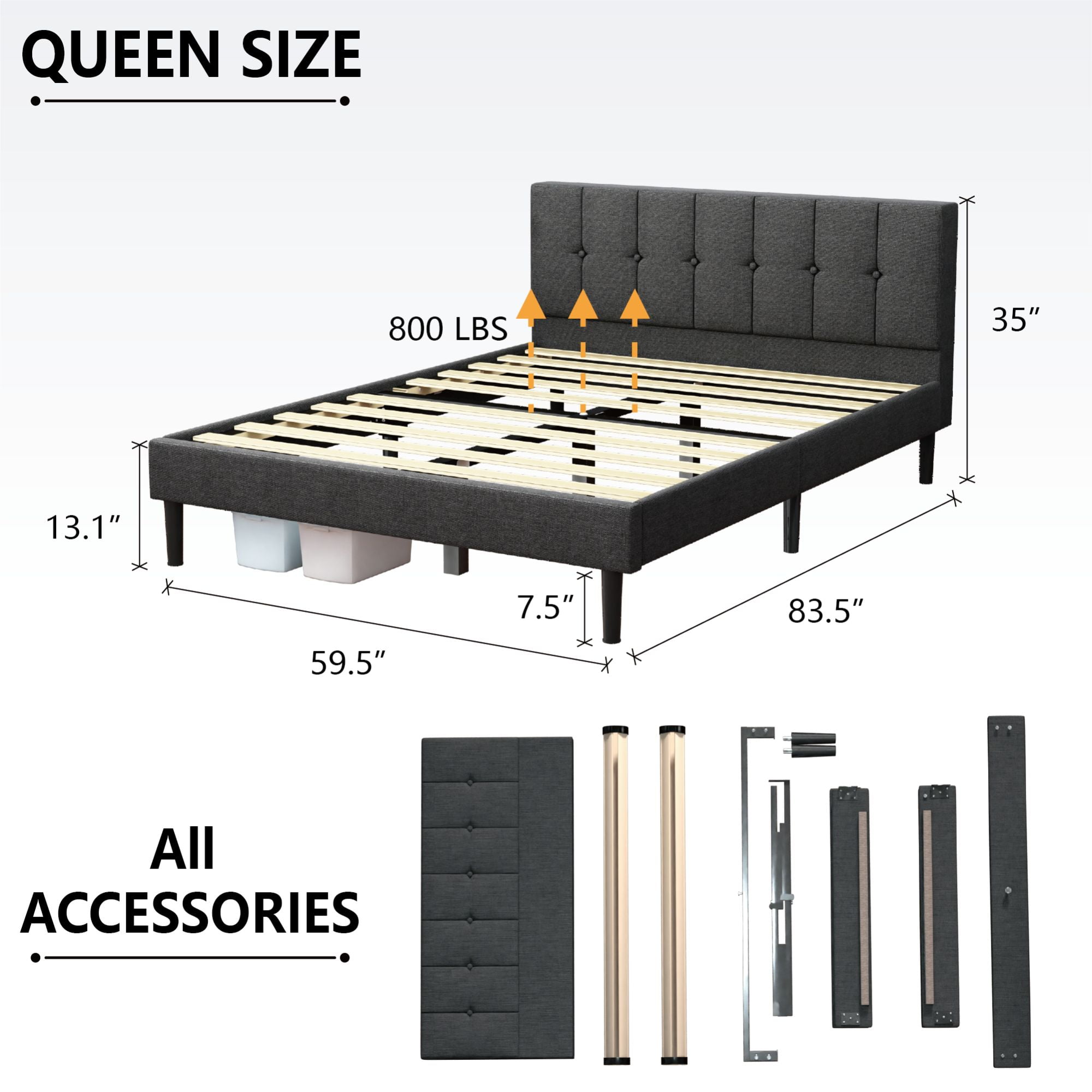 Lijimei Queen Upholstered Platform Bed with Storage and Installation Tools, Dark Gray - Image 7
