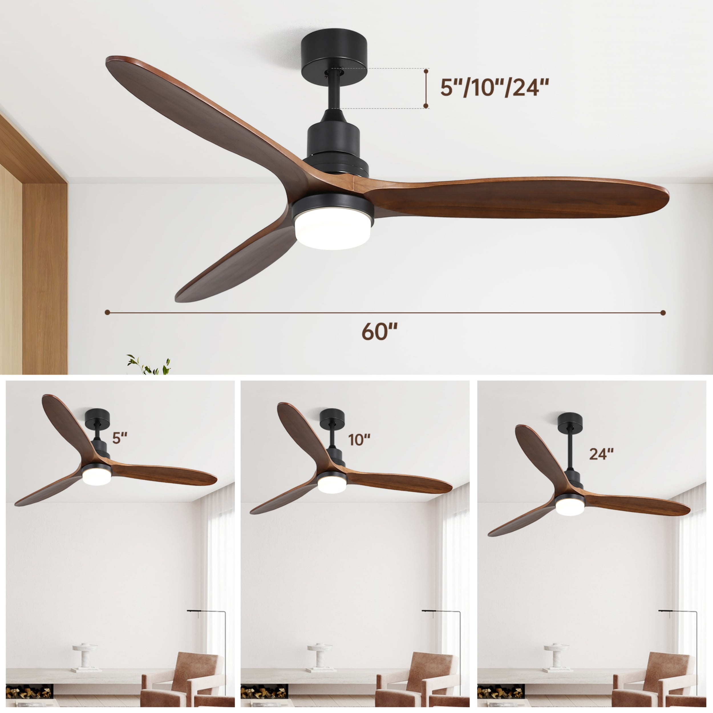 Sofucor 60-Inch Matte Black Ceiling Fan with Lights, Remote, Walnut Blades, Dimmable Light, Reversible DC Motor - Image 8