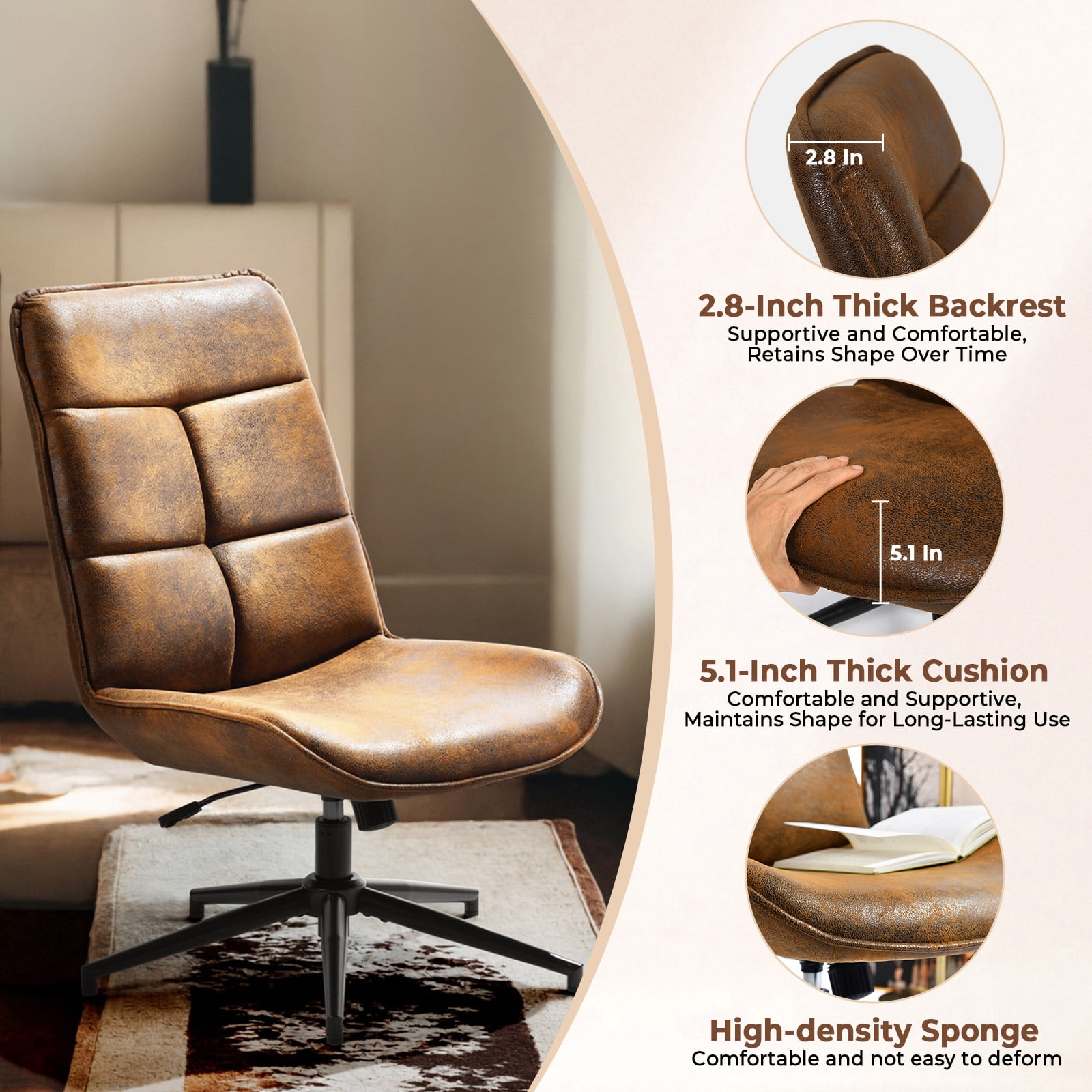 Homy Casa Office Desk Chair, Adjustable Height 15° Tilt High Back Swivel Leisure Chair Makeup Vanity Chair, Brown - Image 7