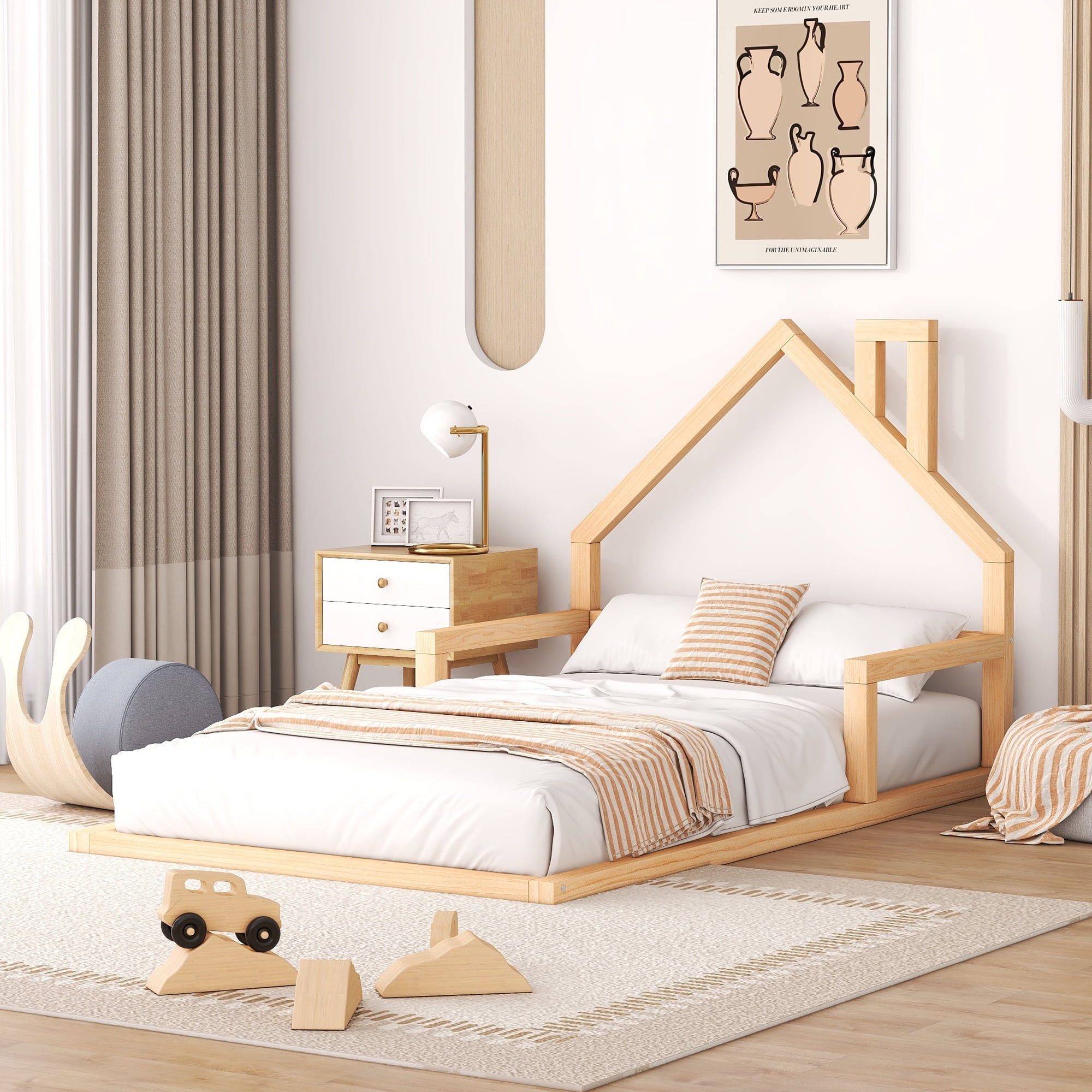 Euroco Twin Size Wood Floor Bed for Kids Room, Toddler House Bed, Natural - Image 8