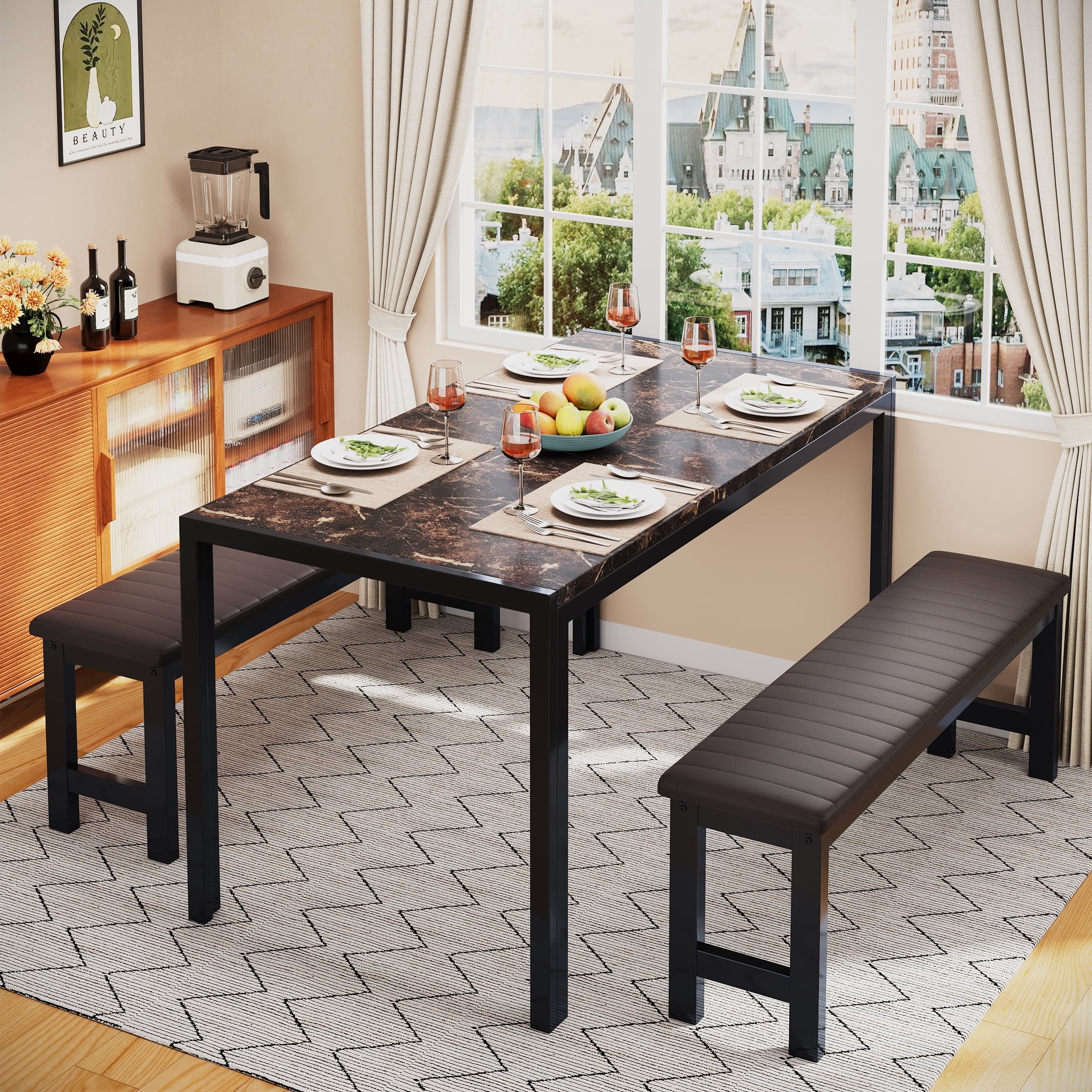 PORKISS Dining Table Set for 4, Faux Marble Kitchen Table Set with 2 PU Leather Benches, Breakfast Nook Set for Small Spaces, 3 Piece Dining Room Table Set, Brown+Black - Image 4