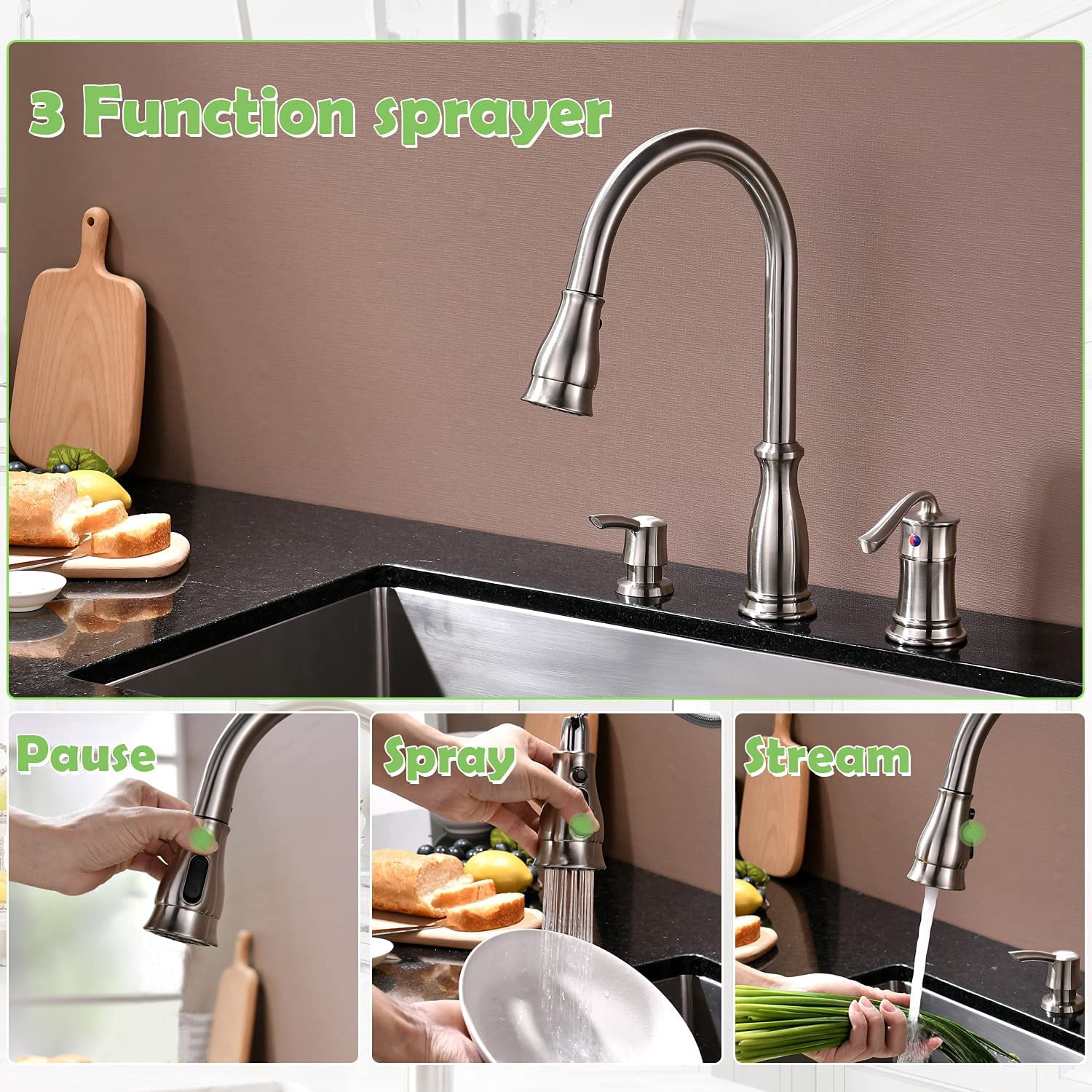 APPASO 3 Hole Kitchen Faucet with Pull Down Sprayer Stainless Steel Brushed Nickel 218BN - Image 2