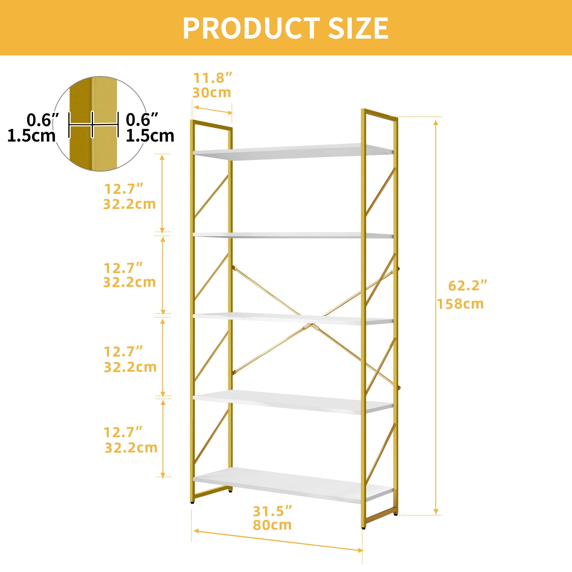 Dextrus 5 Tiers Bookshelf and Bookcase, Modern Wide Gold Bookcase, Open Storage Book Shelves for Living Room Bedroom, Gold - Image 10