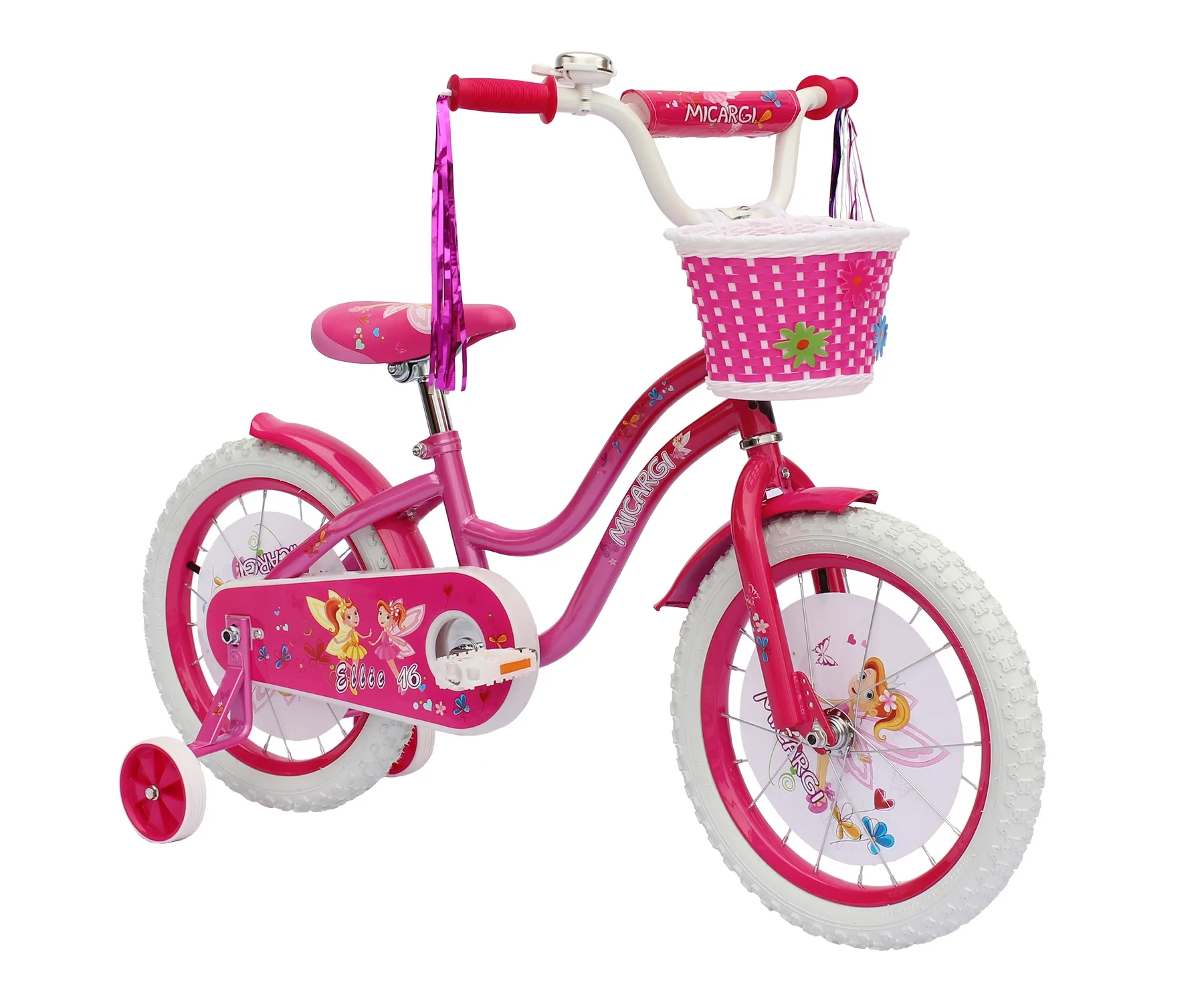 PlayWorld 16 In. Cruiser Steel Frame Bicycle Coaster Brake One Piece Crank, Full Cover Chain Guard with Basket, Fenders and Rims, White Tire Kid's Bike, Pink and Hot Pink - Image 2