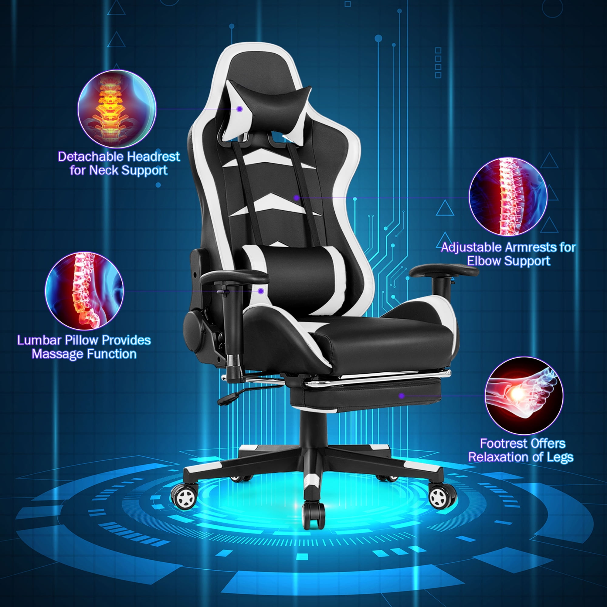 Gymax Gaming Desk&Massage Gaming Chair Set w/ Footrest Monitor Shelf Power Strip White - Image 8