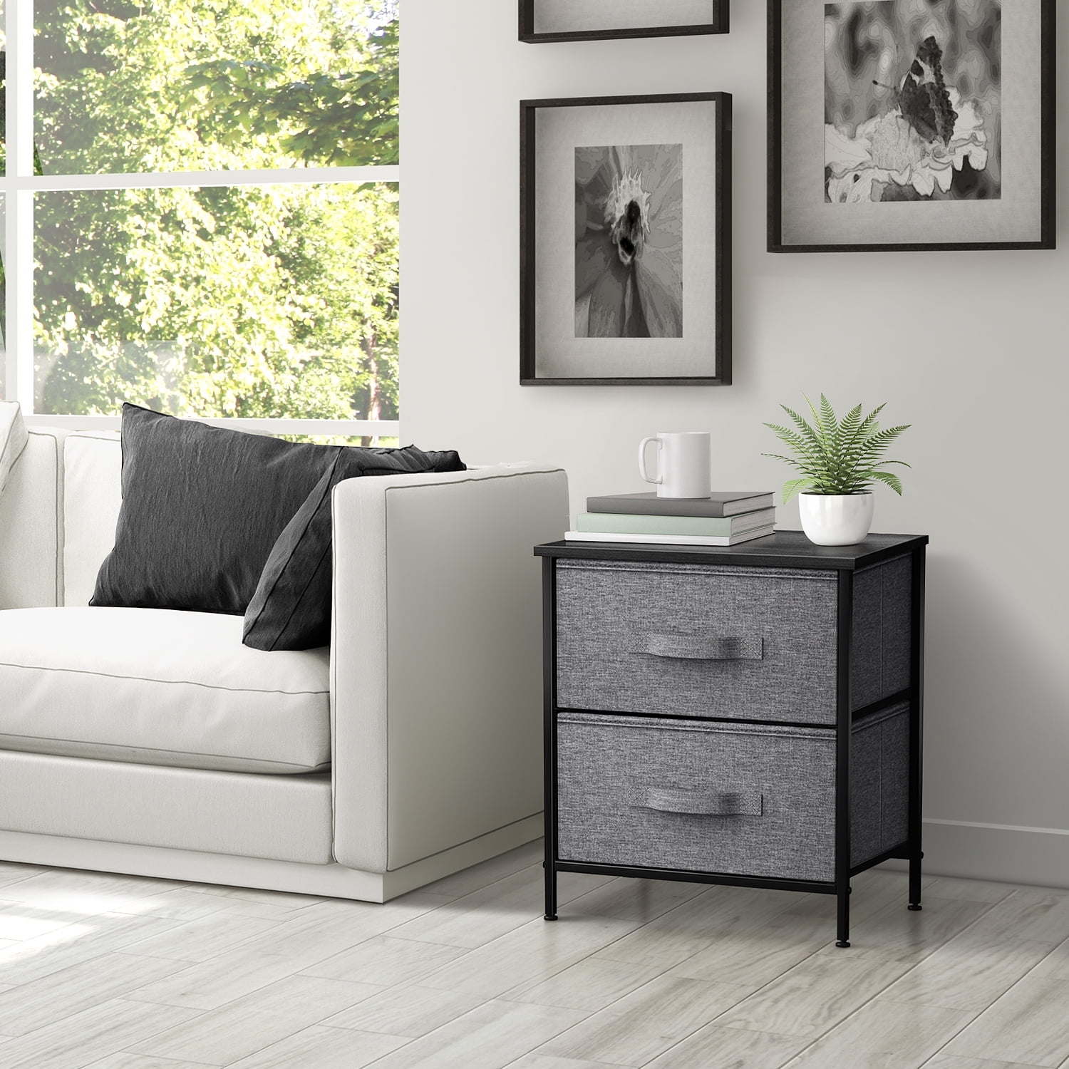 Sorbus Classic 2 Drawers Nightstand with Steel Frame and Wood Top in Black - Image 2