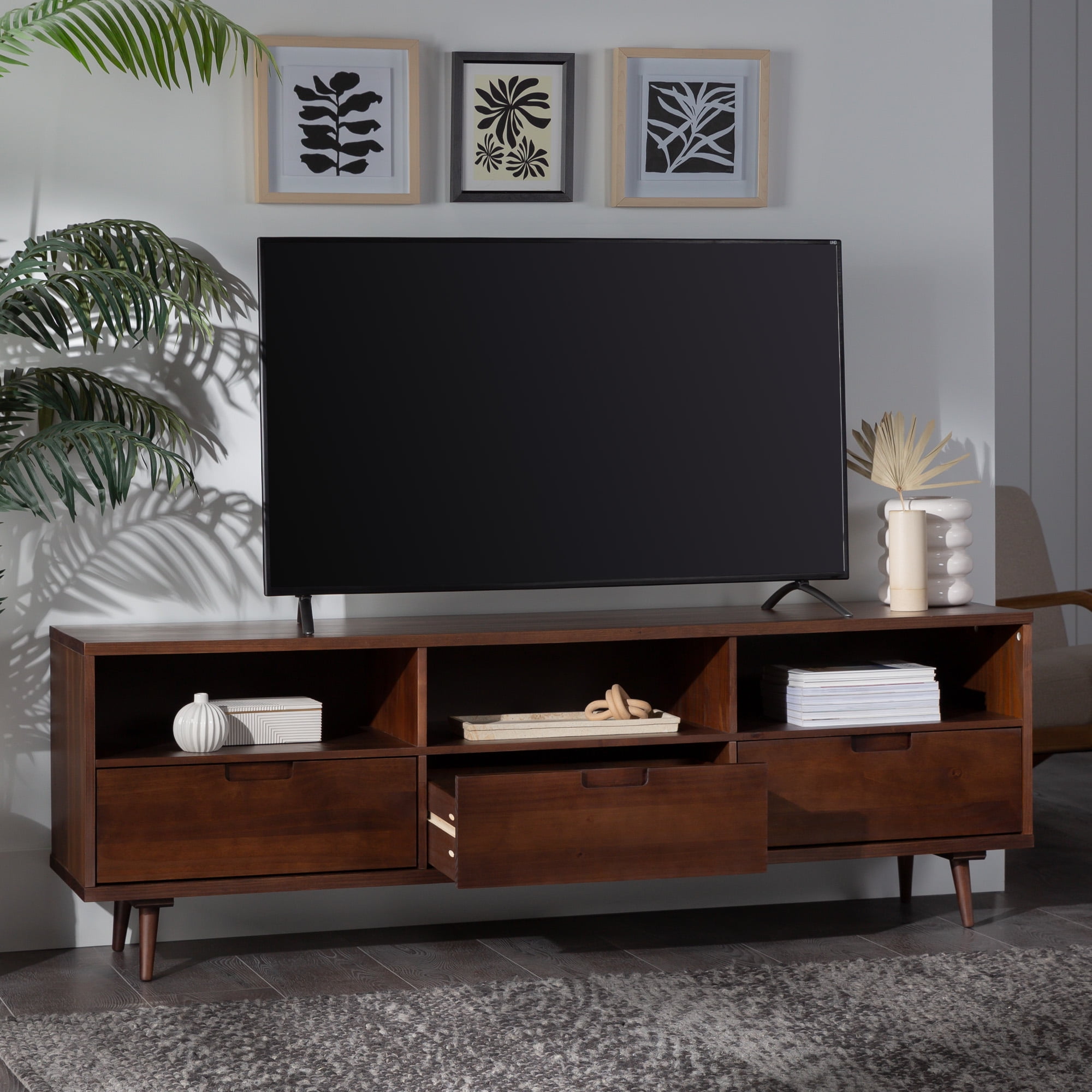 Walker Edison Modern Boho Wood 3 Drawer 70” TV Stand, Walnut - Image 10
