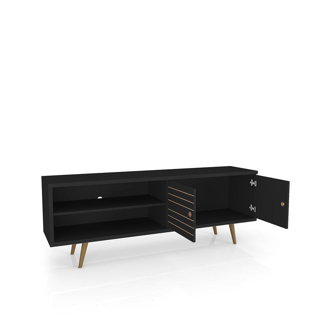 Liberty 62.99" Mid-Century Modern TV Stand with 3 Shelves and 2 Doors with Solid Wood Legs - Image 2