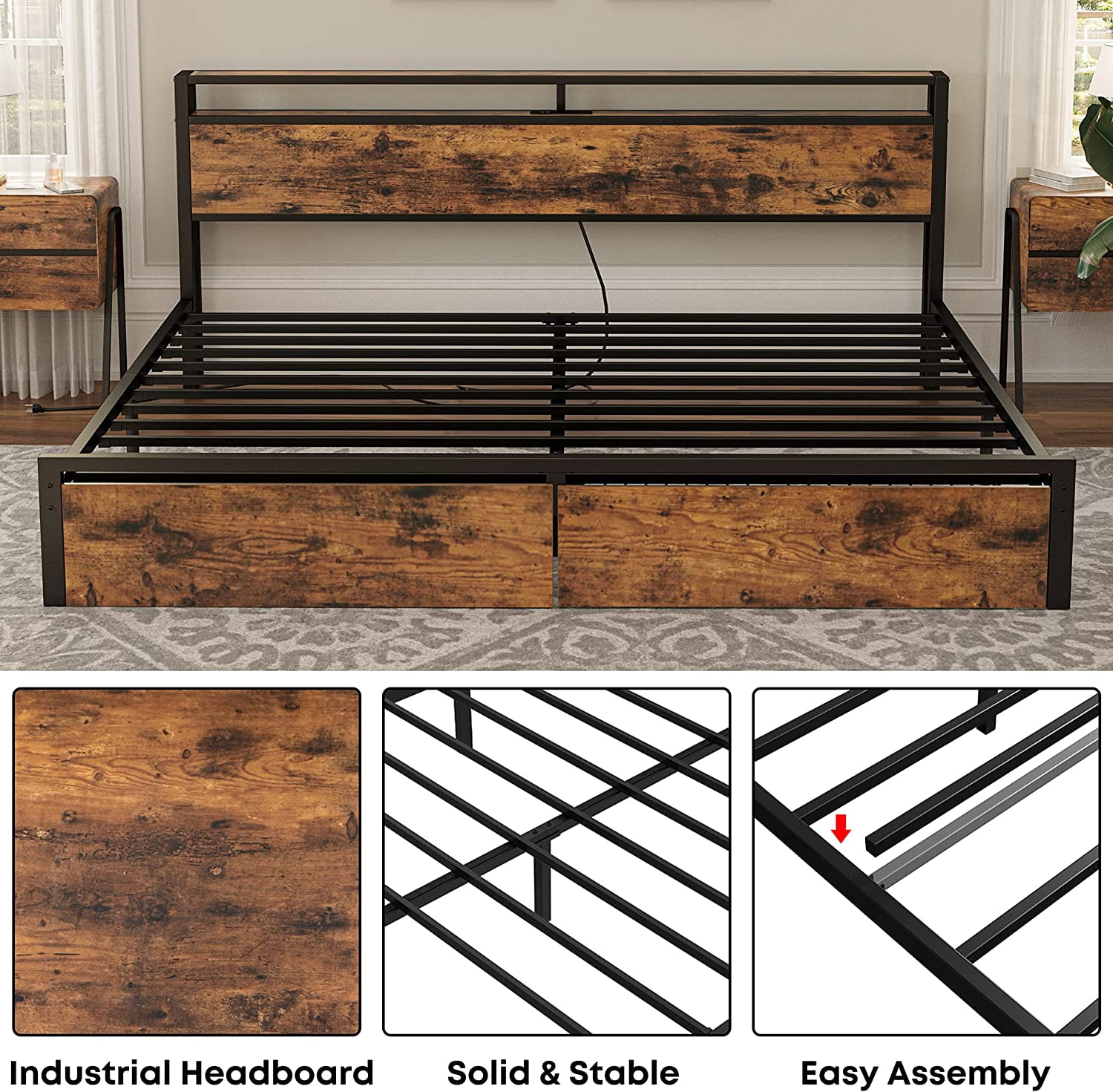 LIKIMIO Queen Bed Frame with Storage Headboard, Charging Station and 2 Under-bed Drawers, Vintage Brown - Image 6