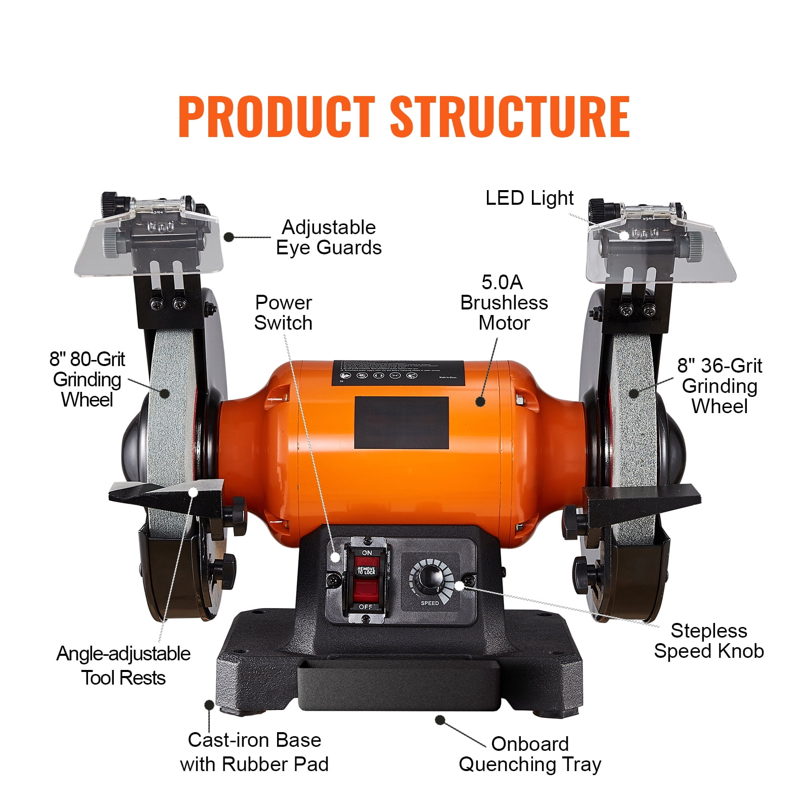 BENTISM Bench Grinder, 8 inch Variable Speed Bench Grinder with 5.0A Brushless Motor 1800-3795 RPM, Table Grinder with Cast-aluminum Tool Rest - Image 3