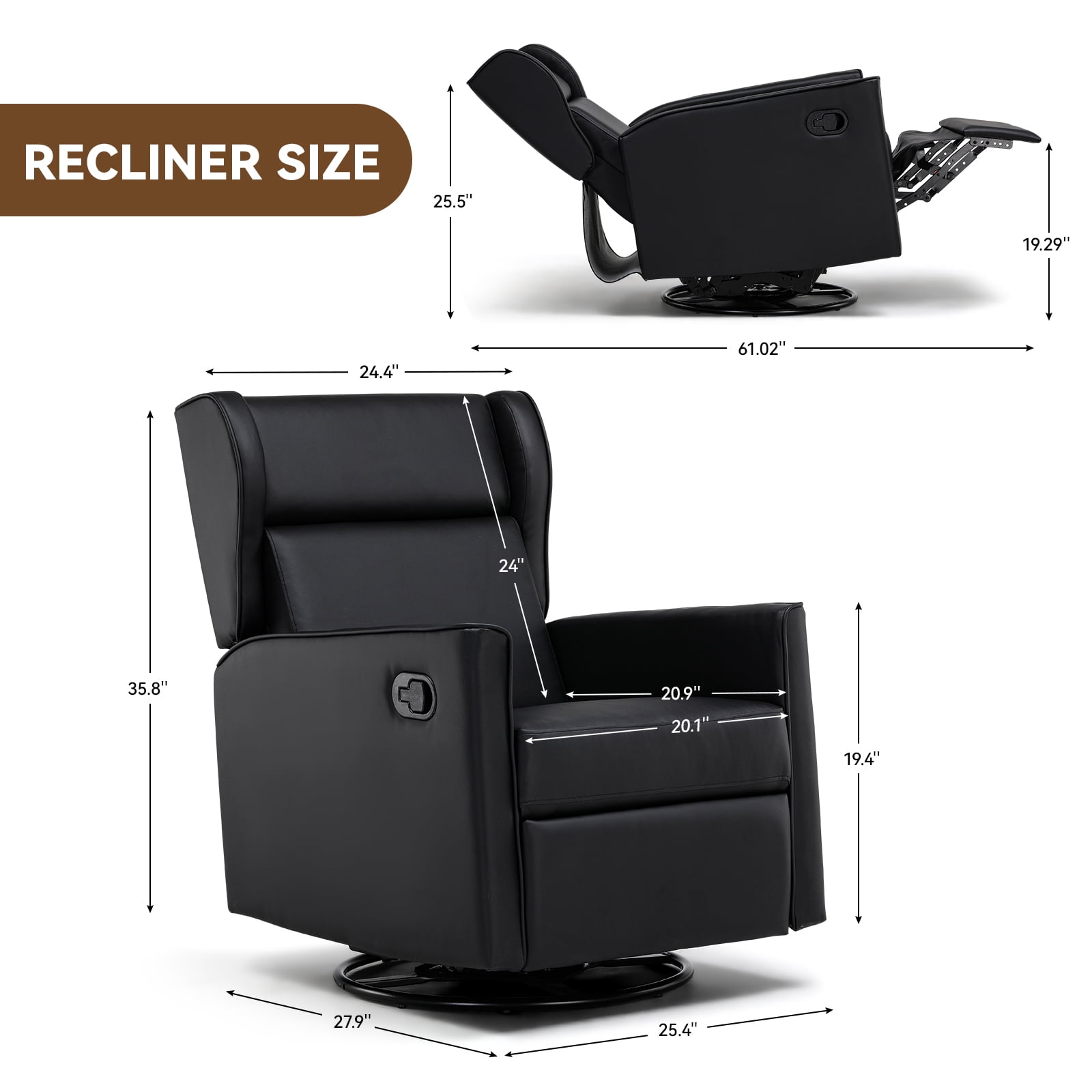 COMHOMA Swivel Rocker Recliner Chair, PU Lether Single Sofa Seat for Living Room, Black - Image 7