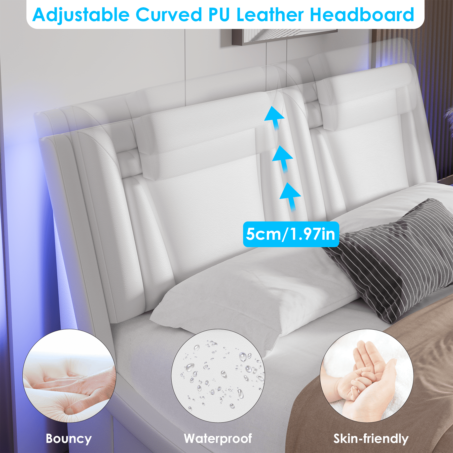 Homfa Queen Bed Frame with Adjustable LED Headboard, PU Leather Curved Upholstered Platform Bed Frame, White - Image 13