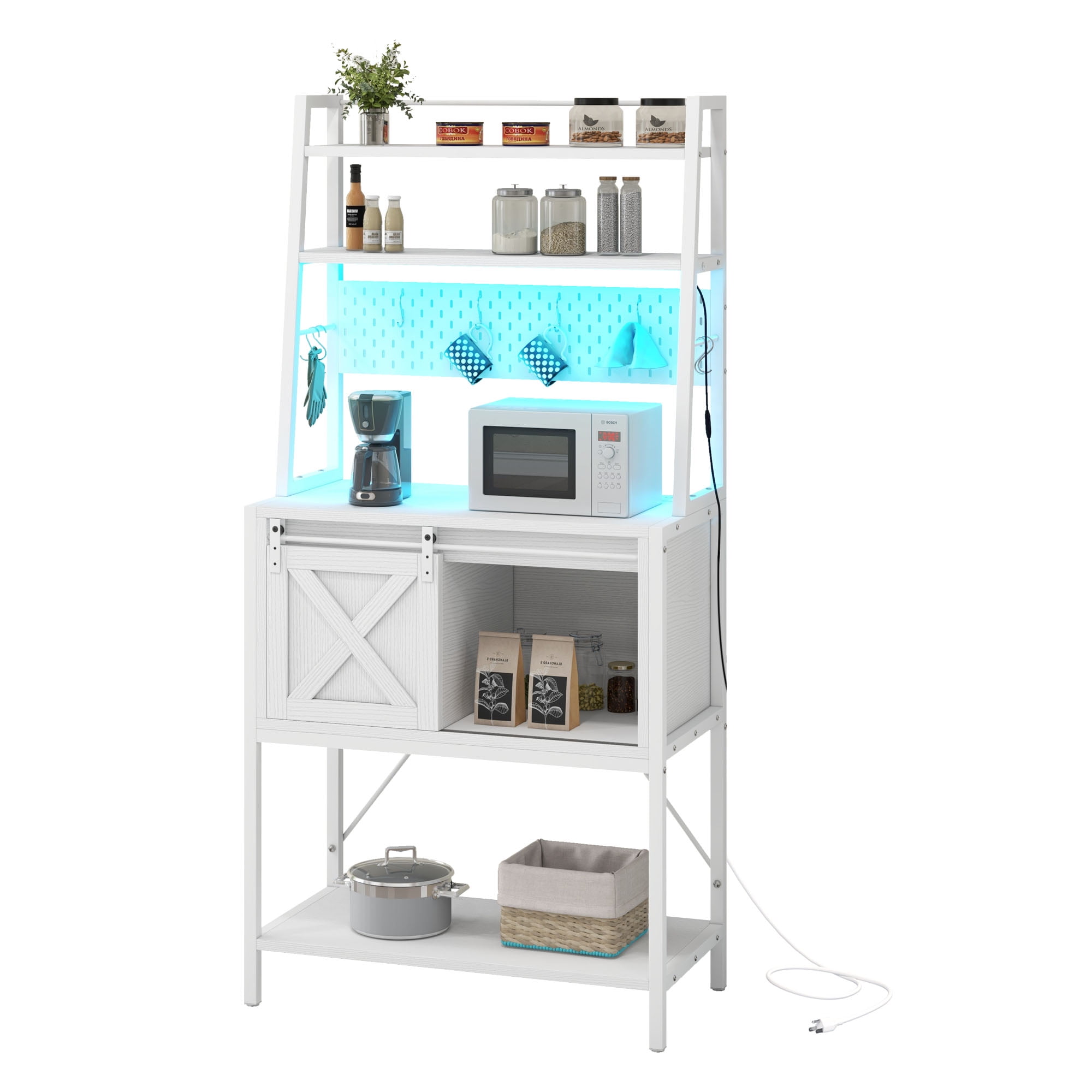 Dextrus Kitchen Baker's Rack with Power Outlet & LED Light, Microwave Stand with Door, White - Image 6