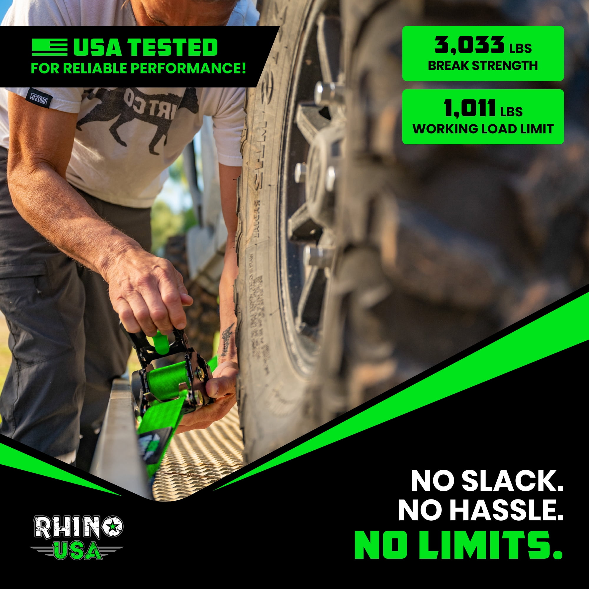Rhino USA Heavy Duty 2" x 10' Retractable Ratchet Straps 3,033lb Break Strength (Green 2-Pack) - Image 5