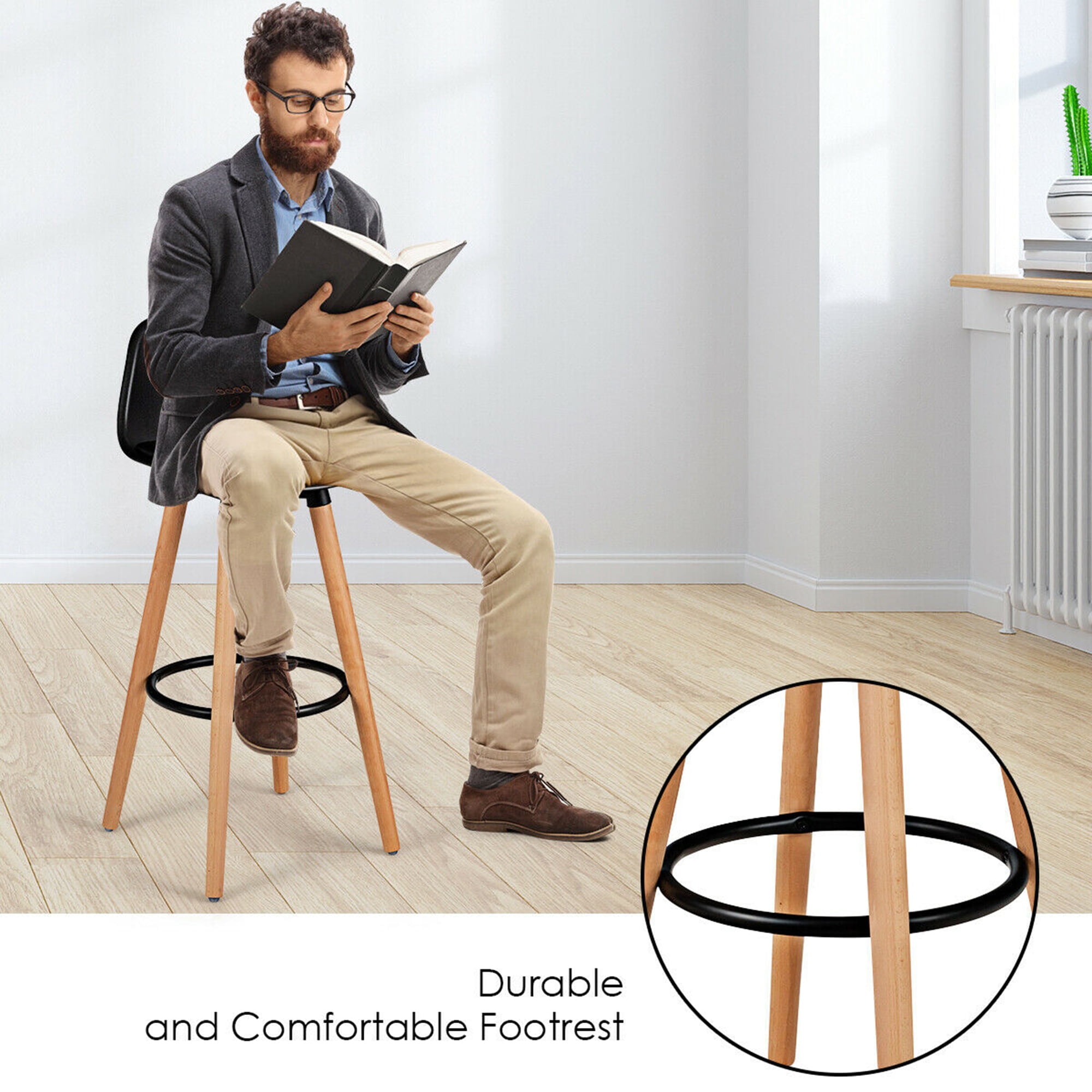 Gymax Set of 2 Mid Century Barstool 28.5" Dining Pub Chair w/Leather Padded Seat Black - Image 10