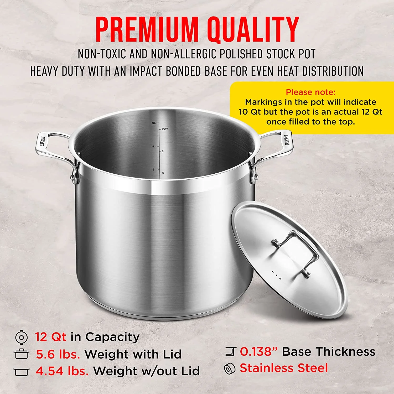Stockpot – 12 Quart – Brushed Stainless Steel – Heavy Duty Induction Pot with Lid and Riveted Handles – For Soup, Seafood, Stock, Canning and for Catering for Large Groups and Events by BAKKEN - Image 6