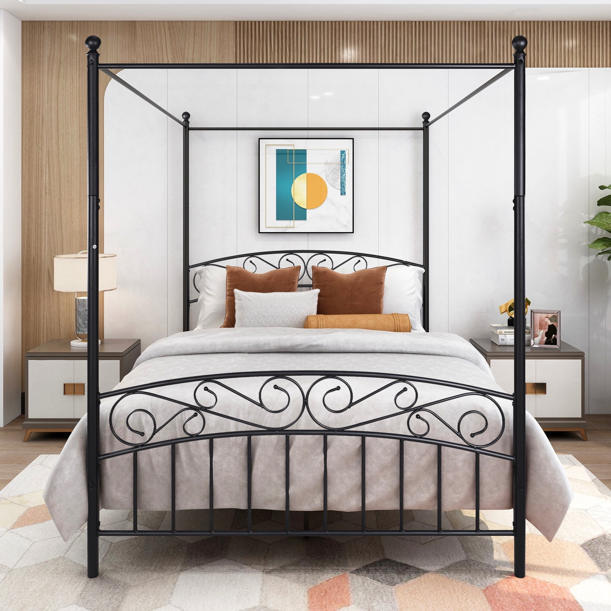Aukfa Queen Size Canopy Bed - Metal Platform Bed Frame - with Headboard - Black - Image 3